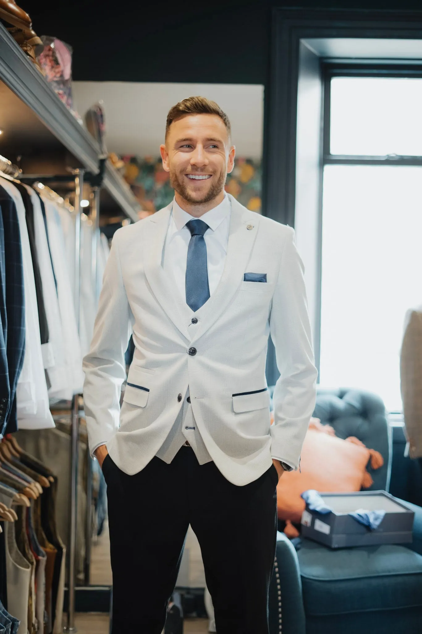 Former Newcastle United Defender Paul Dummett in Bromley Stone with Max Navy Trousers