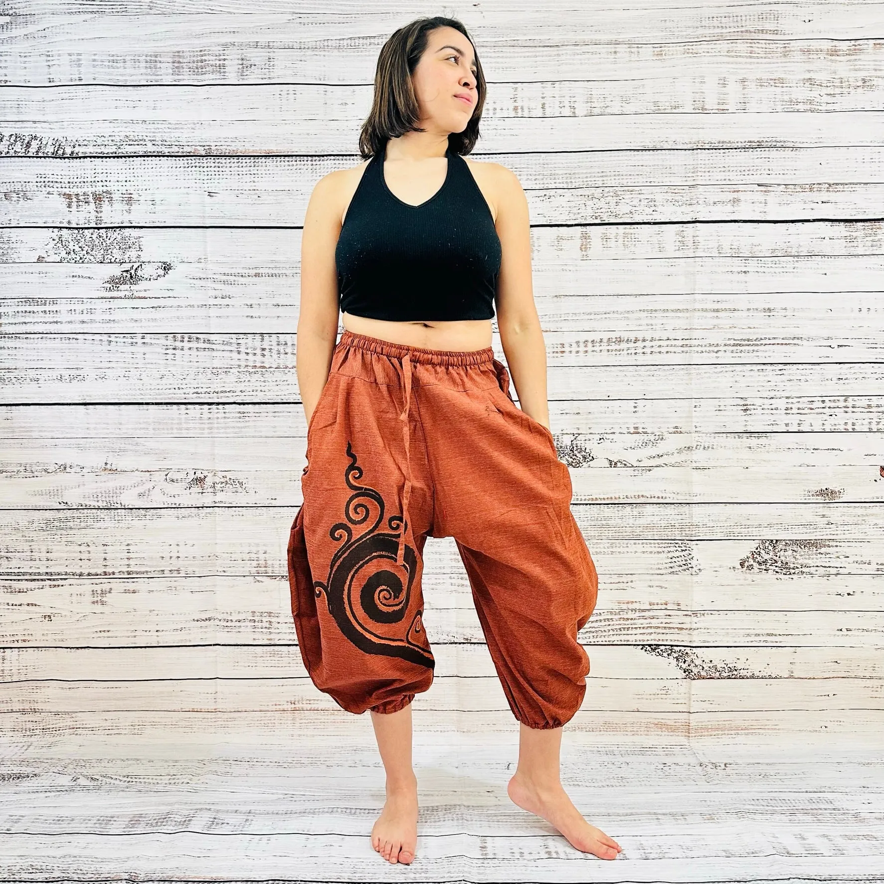 Genie Style Harem Cotton Pants with Hand Drawn Spiral Design