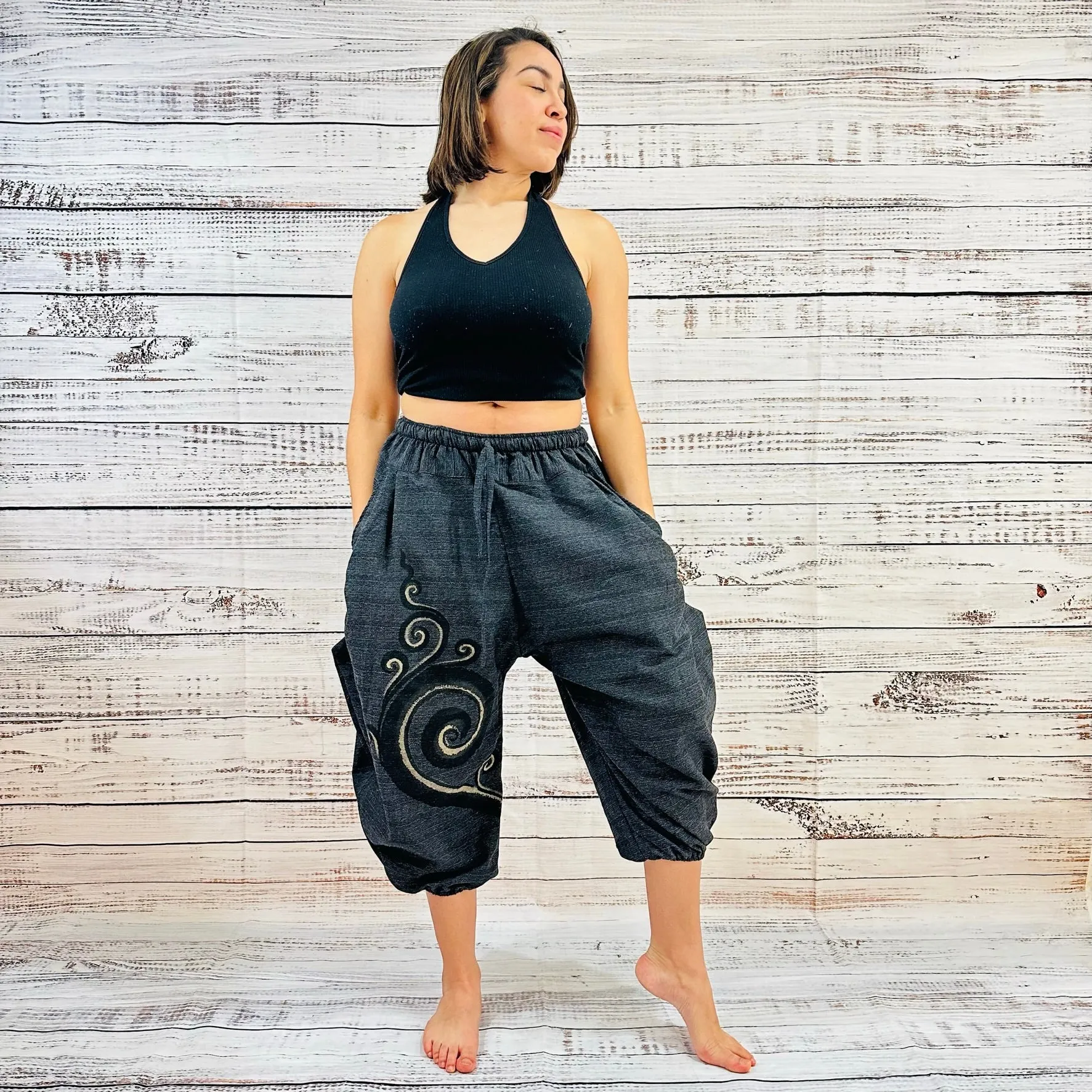 Genie Style Harem Cotton Pants with Hand Drawn Spiral Design