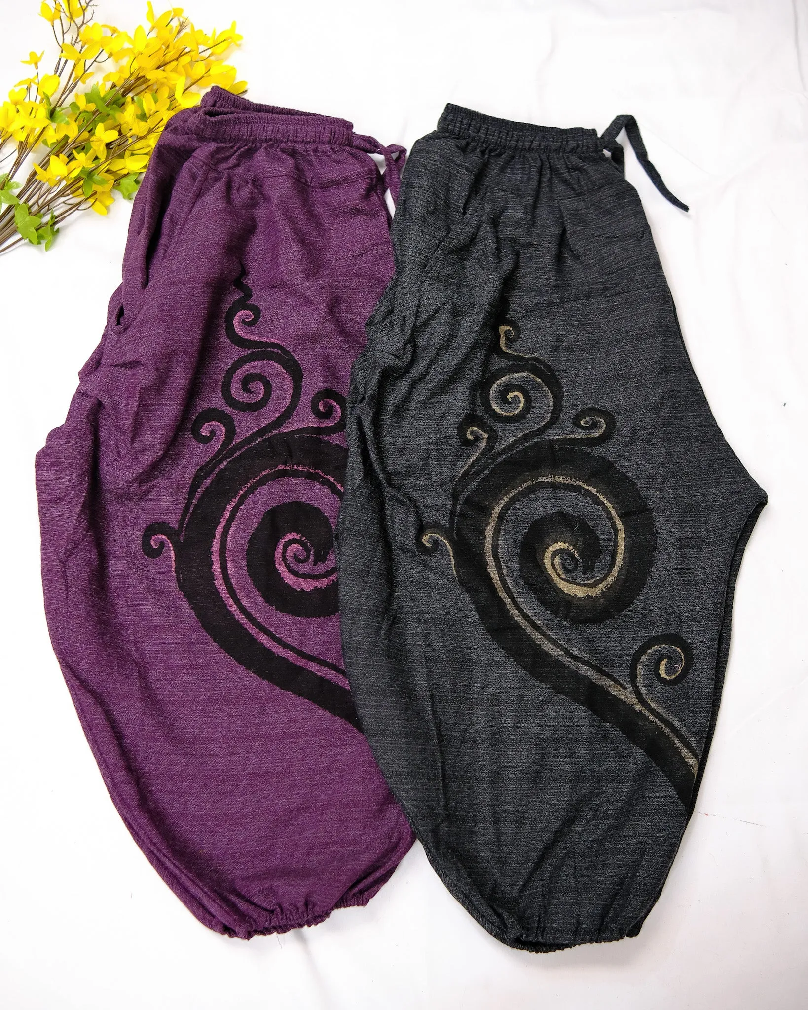 Genie Style Harem Cotton Pants with Hand Drawn Spiral Design