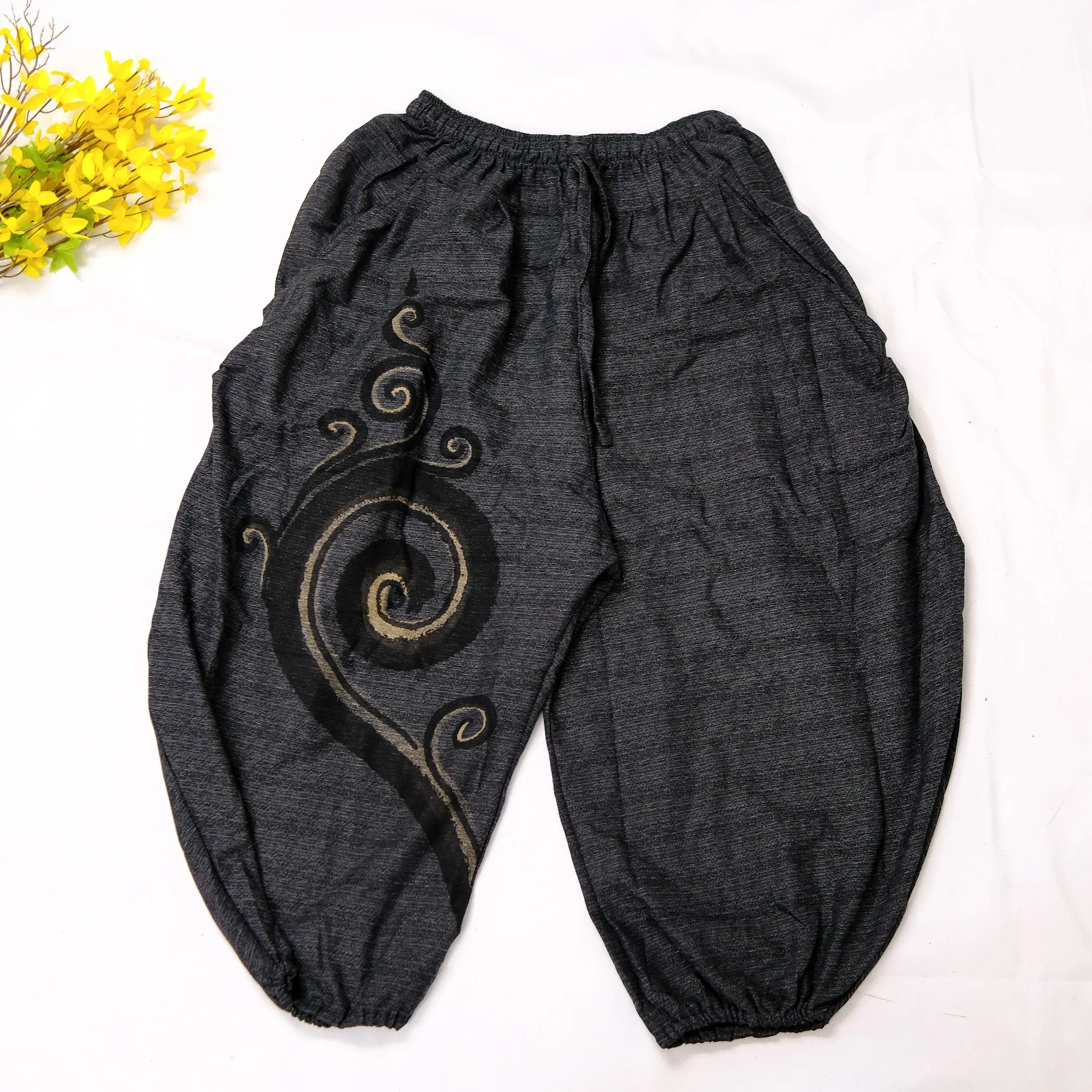 Genie Style Harem Cotton Pants with Hand Drawn Spiral Design