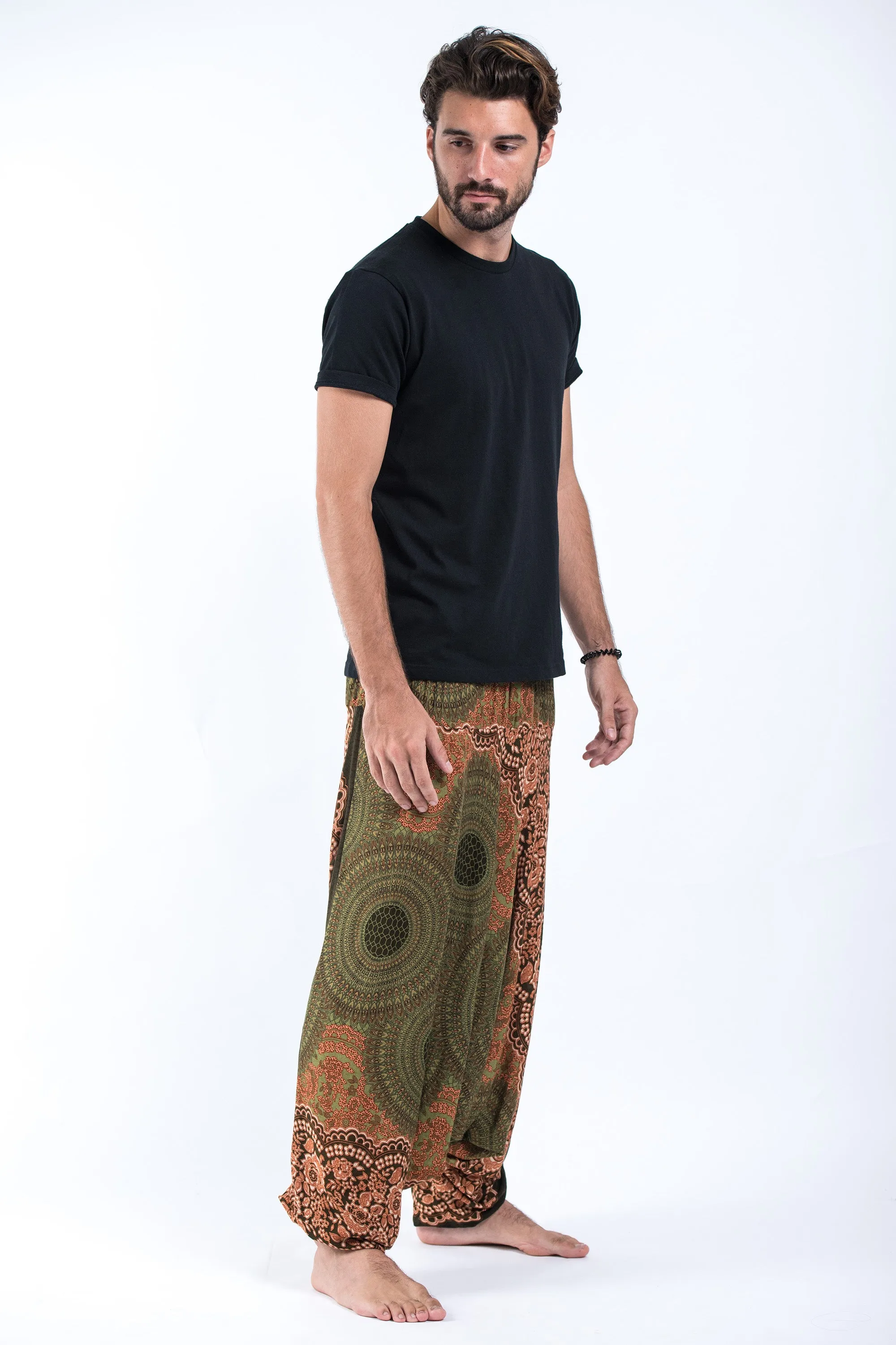 Geometric Mandalas Drop Crotch Men's Harem Pants in Olive