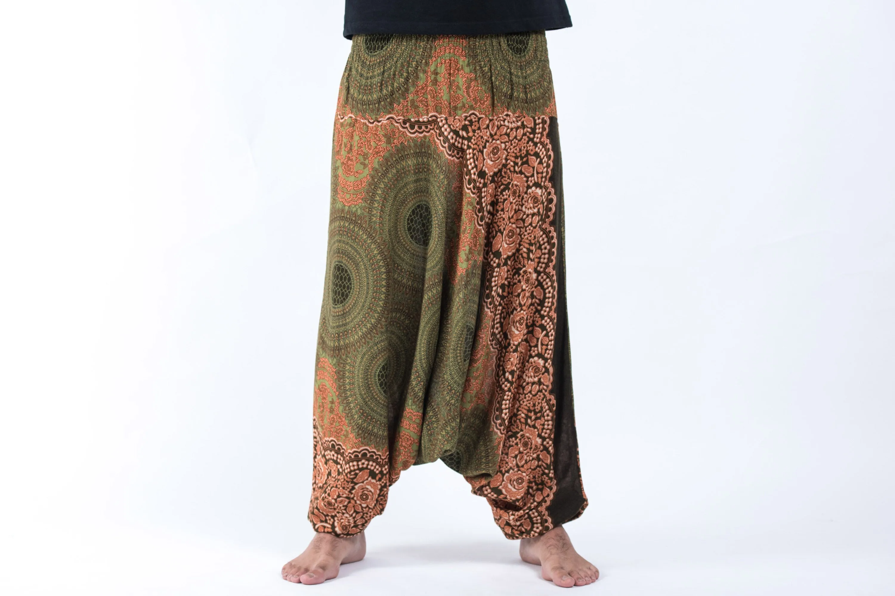 Geometric Mandalas Drop Crotch Men's Harem Pants in Olive