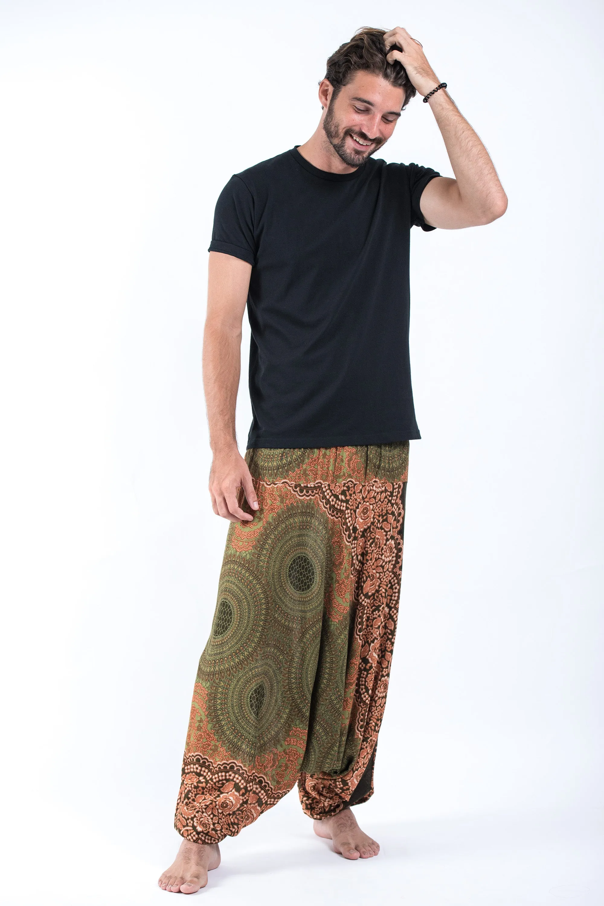 Geometric Mandalas Drop Crotch Men's Harem Pants in Olive