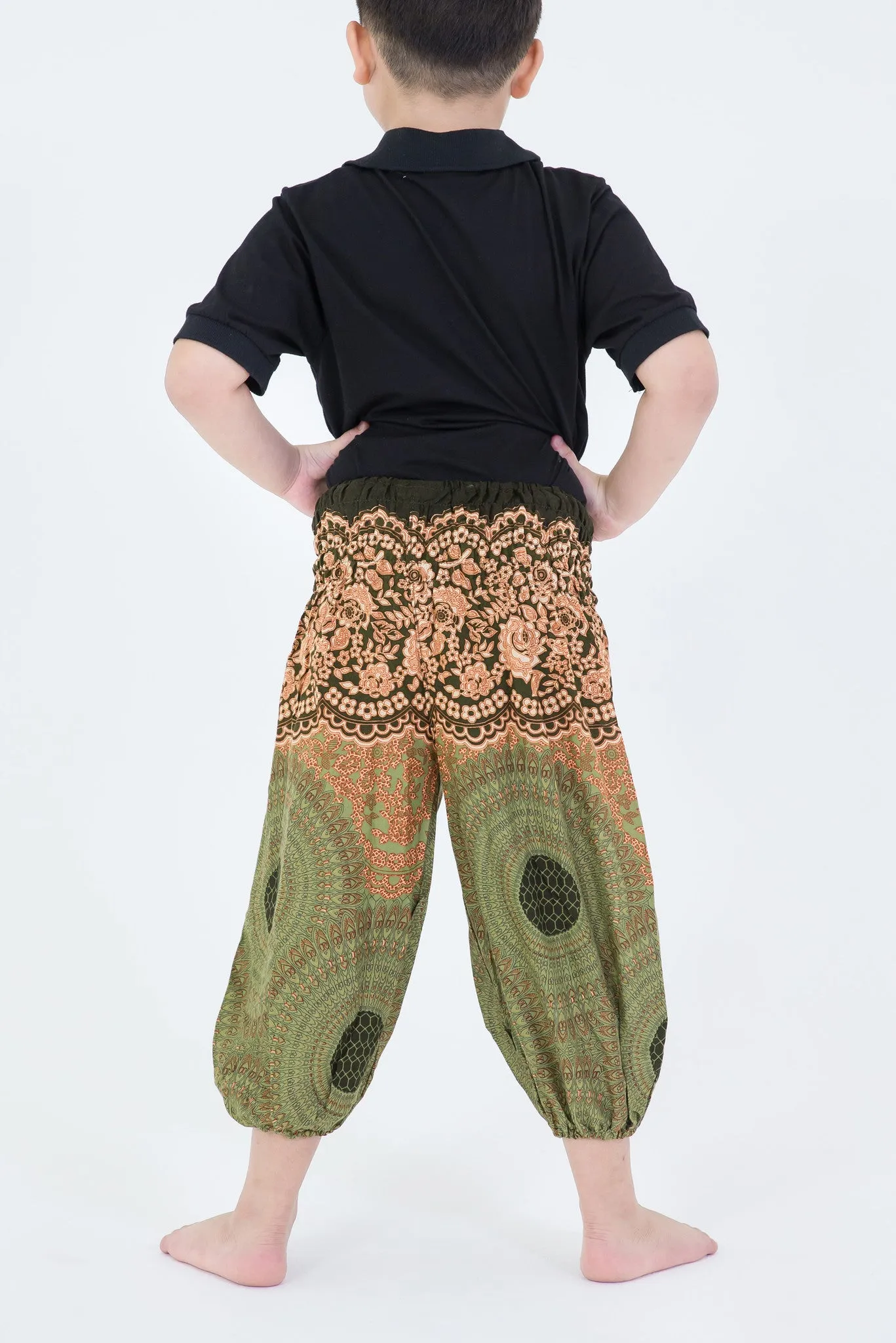 Geometric Mandalas Kids Harem Pants in Olive