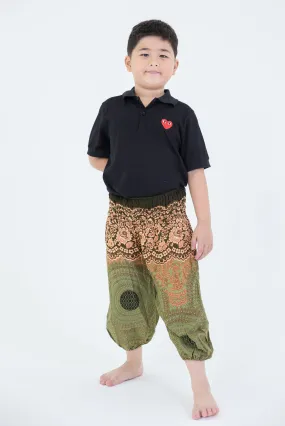 Geometric Mandalas Kids Harem Pants in Olive