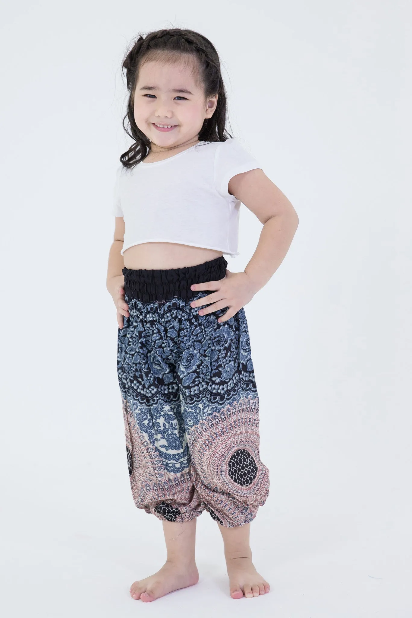 Geometric Mandalas Kids Harem Pants in Silver Gray