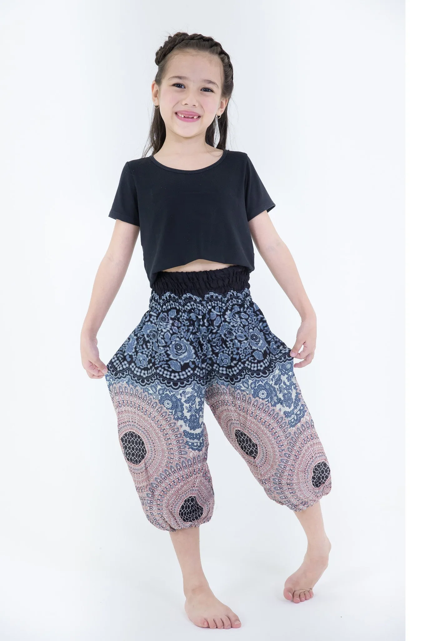 Geometric Mandalas Kids Harem Pants in Silver Gray