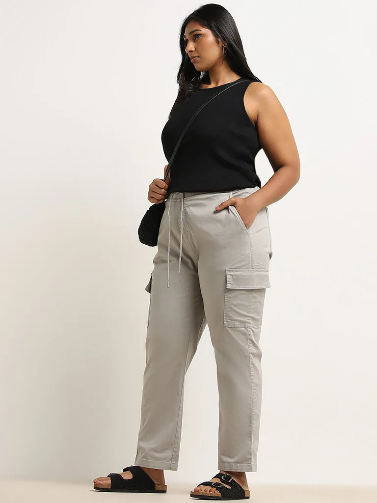 Gia Grey Solid High-Rise Solid Cotton Blend Trousers