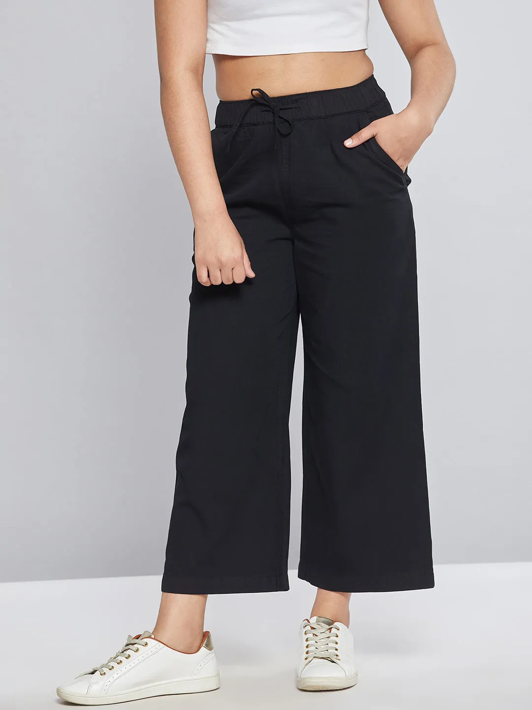 Girls Black Tencel Wide Leg Drawstring Pants