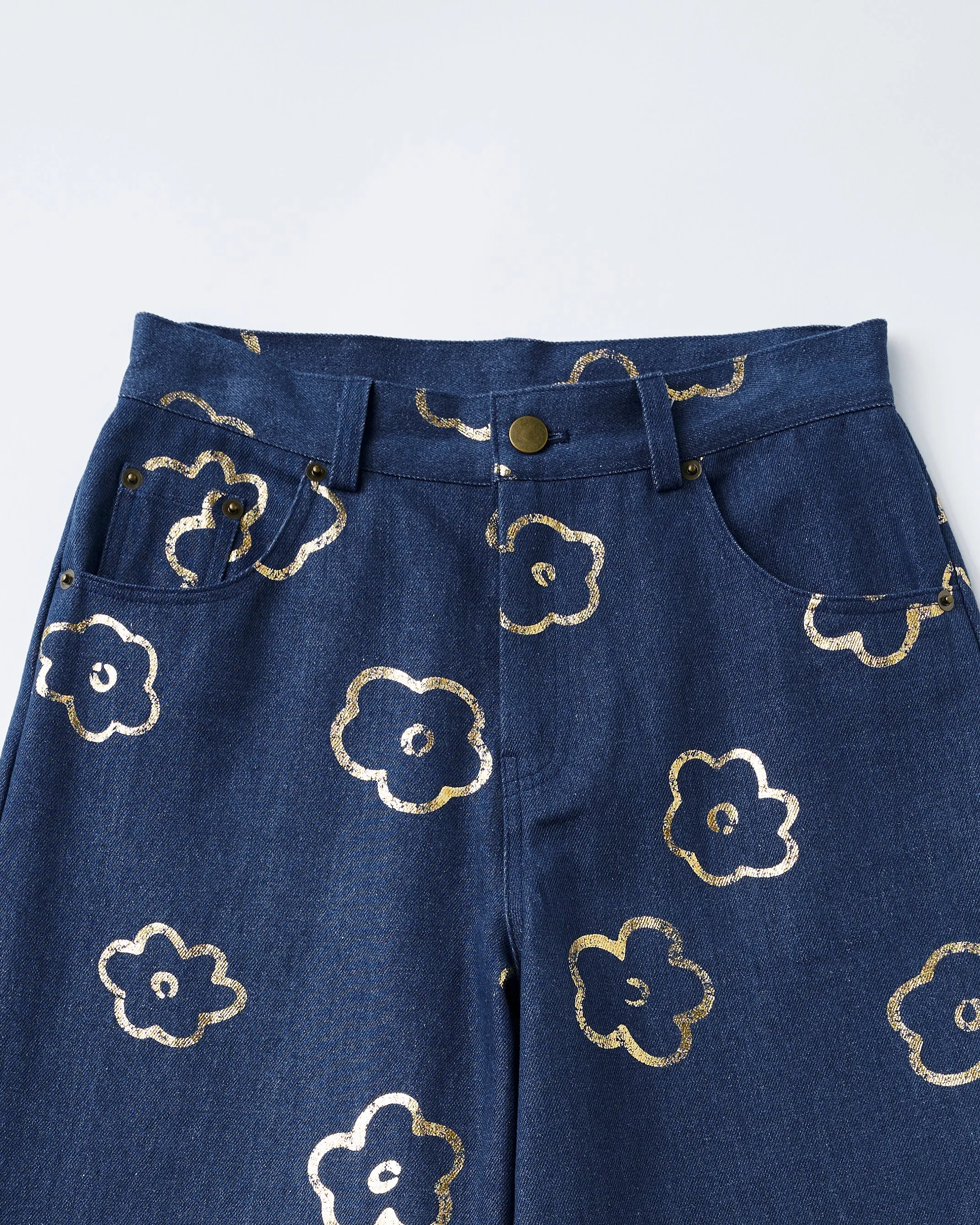 Gold flower denim pants