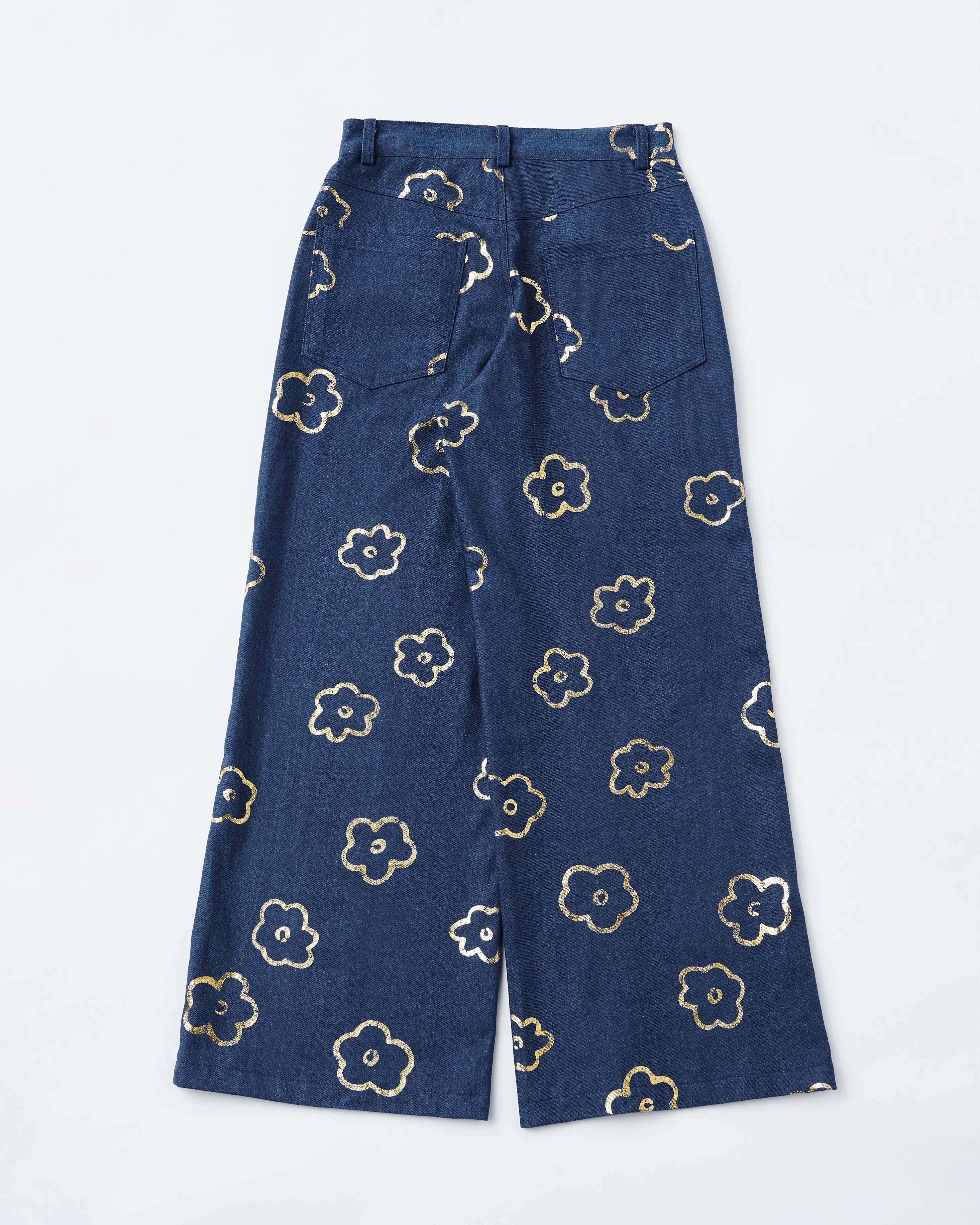 Gold flower denim pants