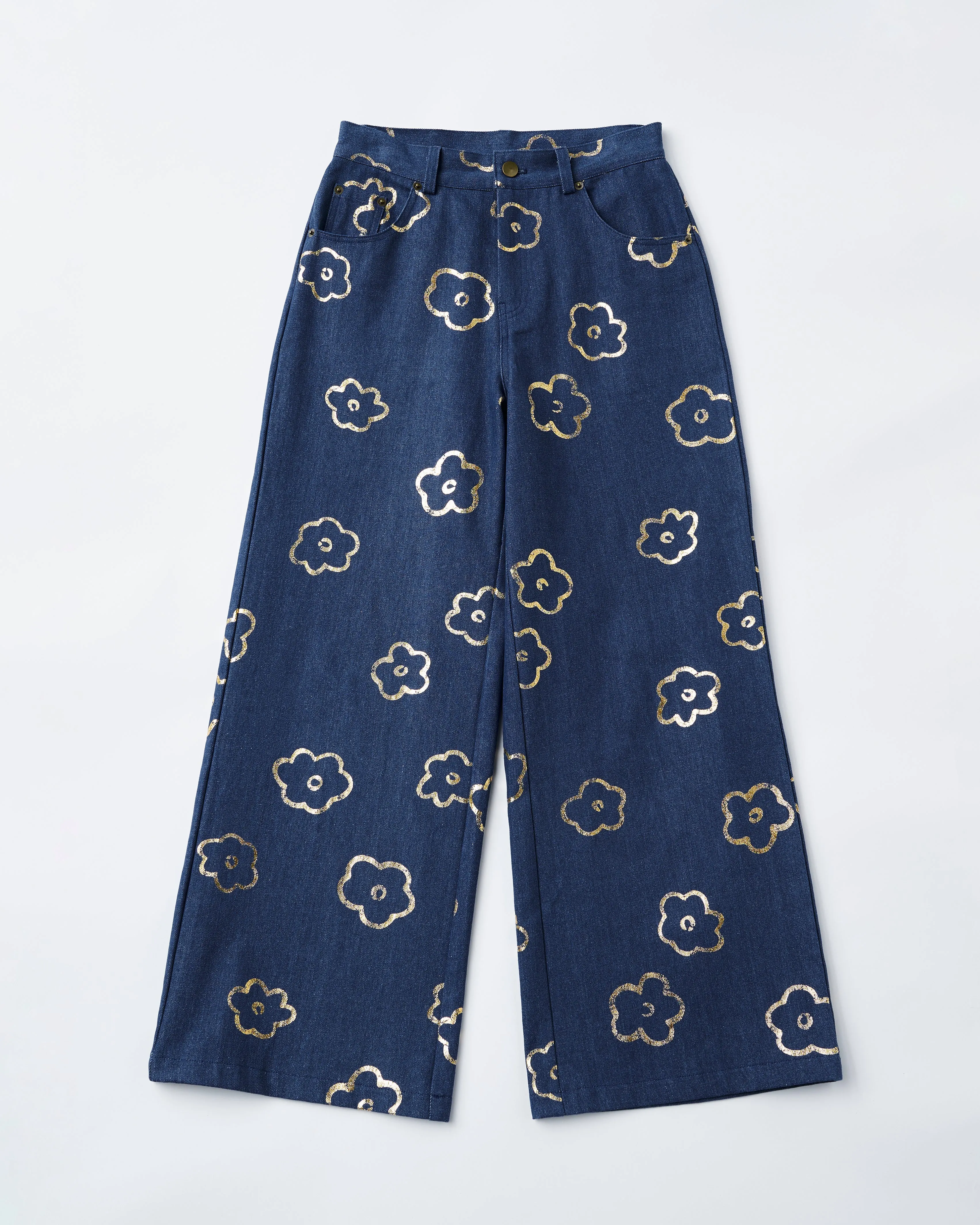 Gold flower denim pants