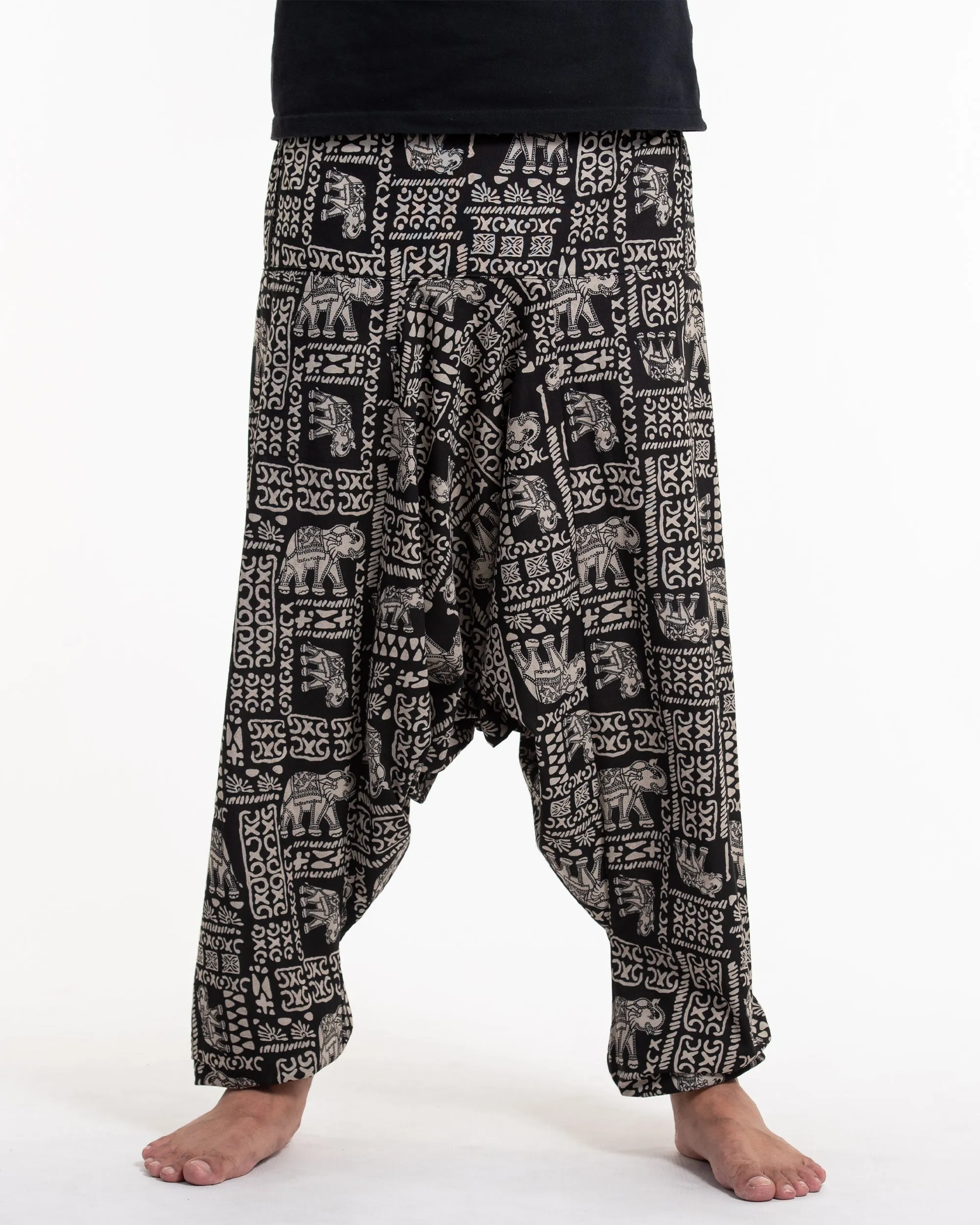 Hill Tribe Elephant Print Men's Harem Pants in Black