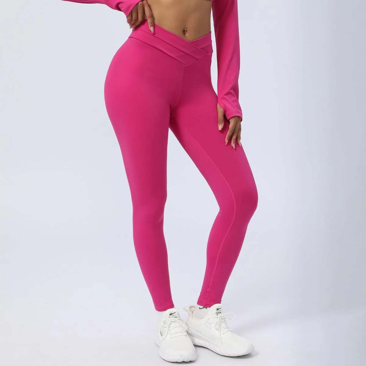 Hot Pink Cross Stitching Yoga Leggings Sports Workout Clothes Trousers