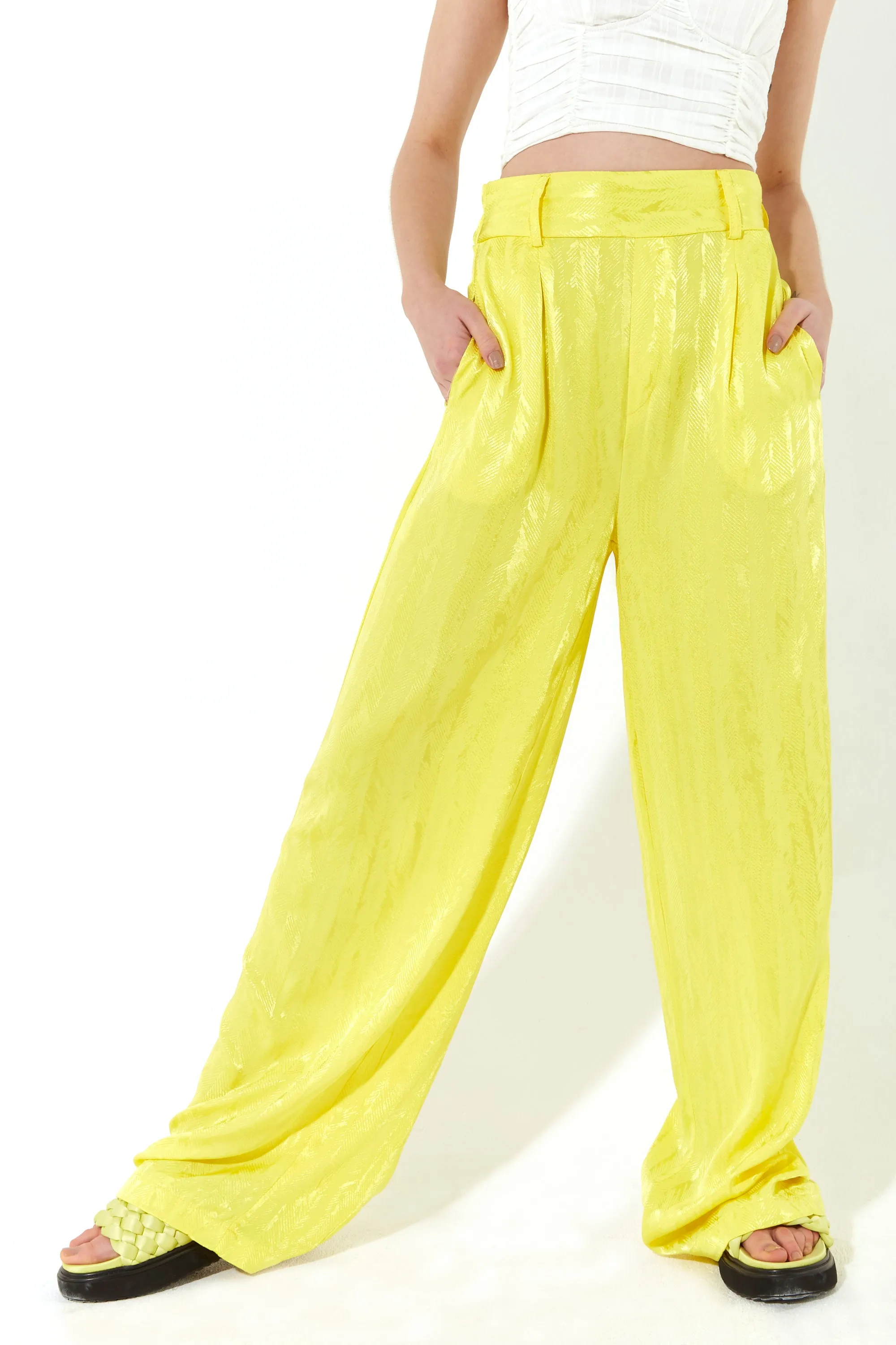 House of Holland Wide Leg High Waisted Jacquard Trousers in Neon Yellow