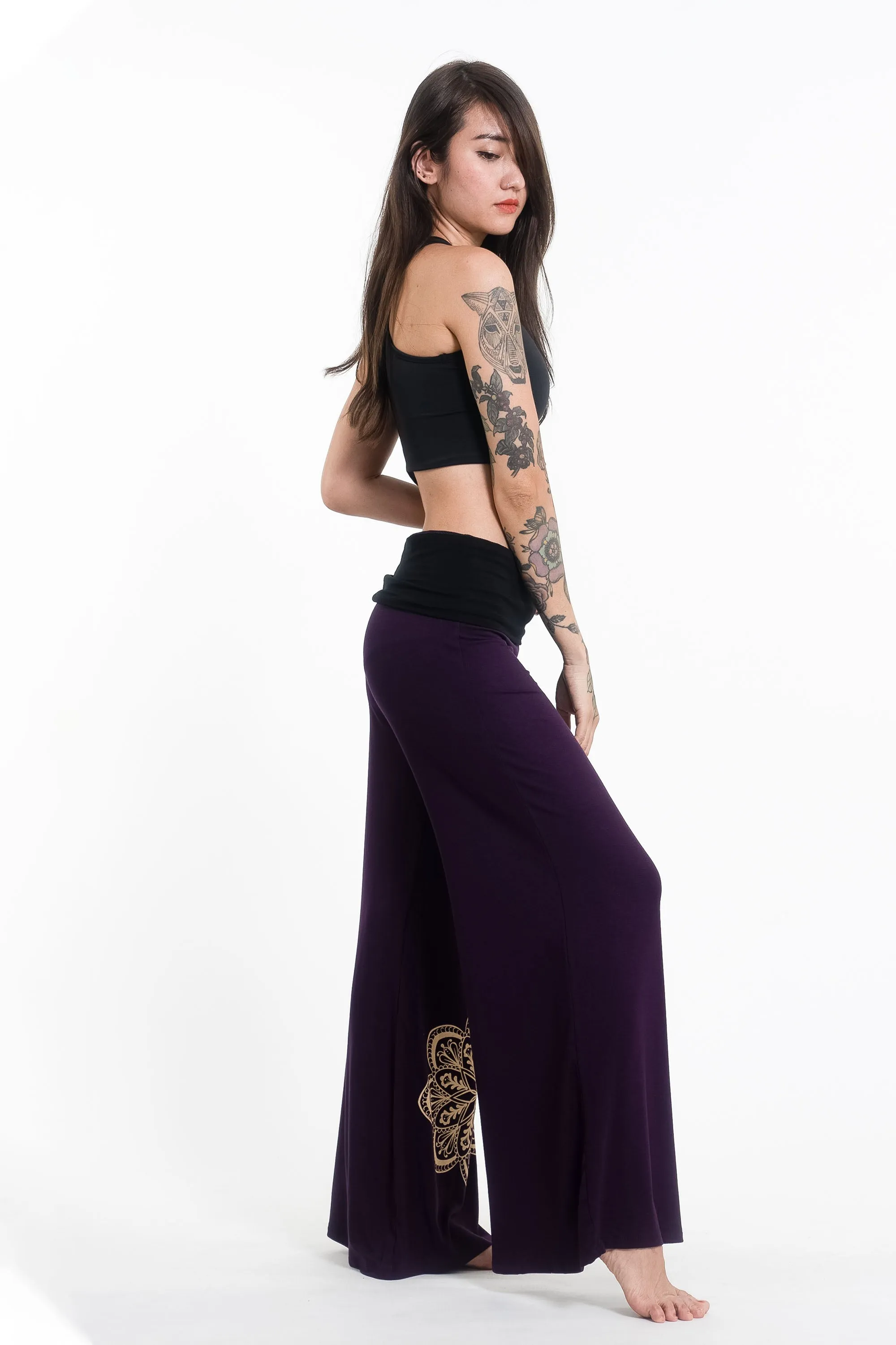 Mandala Print Wide Leg Palazzo Harem Pants Cotton Spandex in Purple