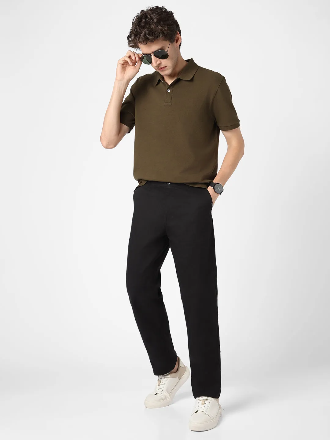 Men's Black Cotton Regular Fit Casual Chinos Trousers Stretch