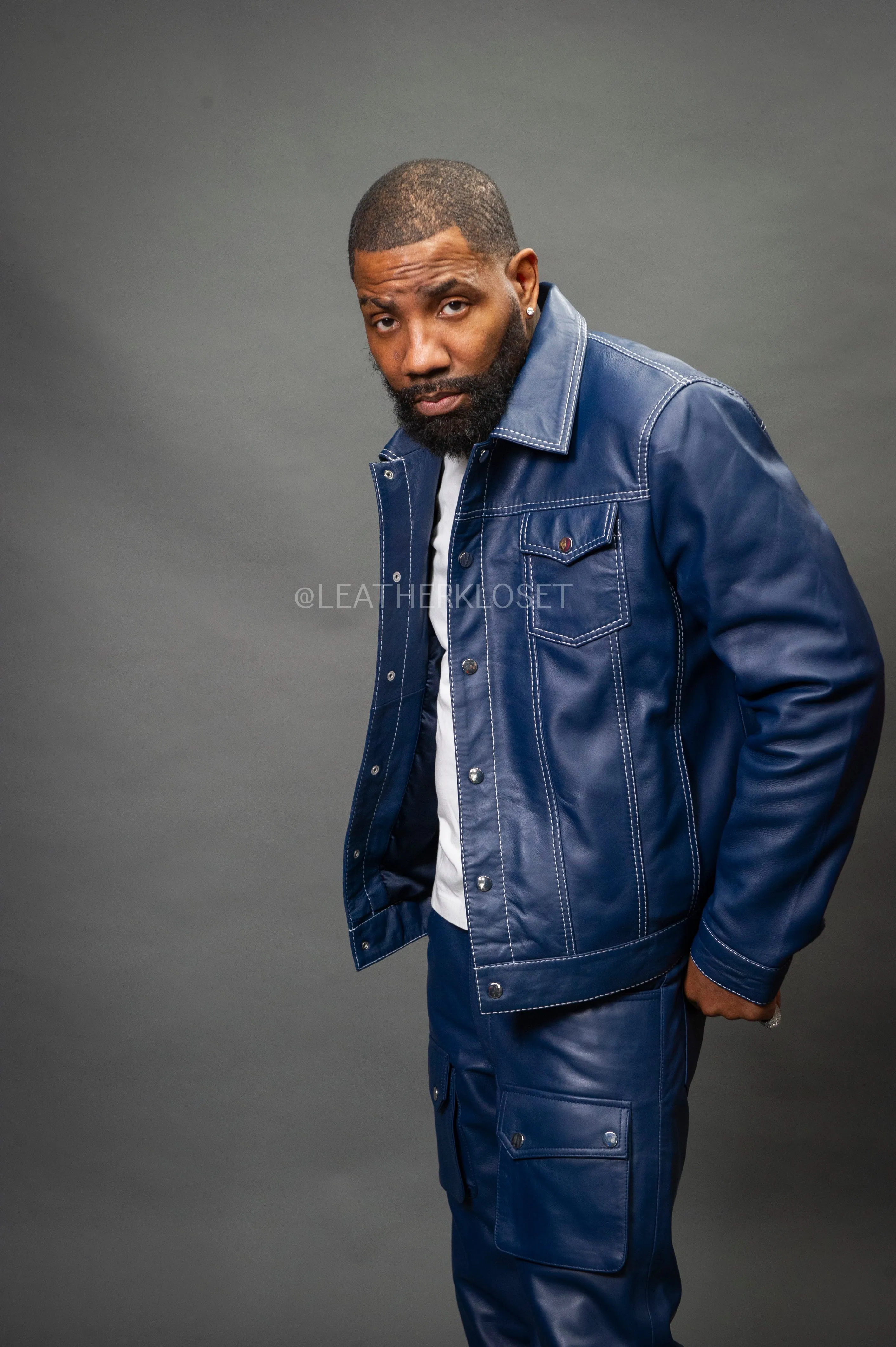 Men's Dylan Leather Jean Jacket And Cargo Pants Set [Navy]