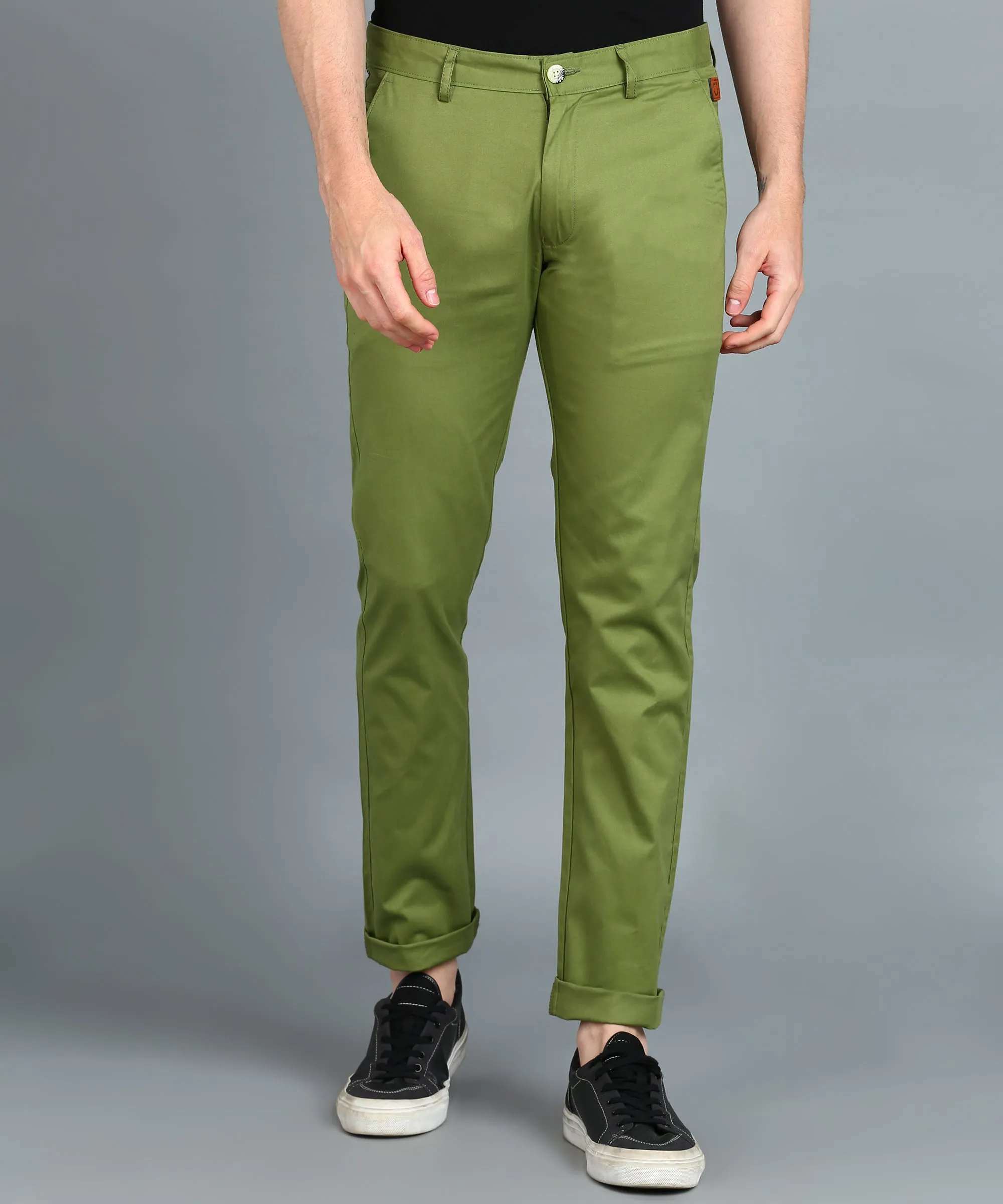 Men's Green Cotton Light Weight Non-Stretch Slim Fit Casual Trousers