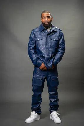 Men's James Leather Shirt And Cargo Pants Set [Navy]