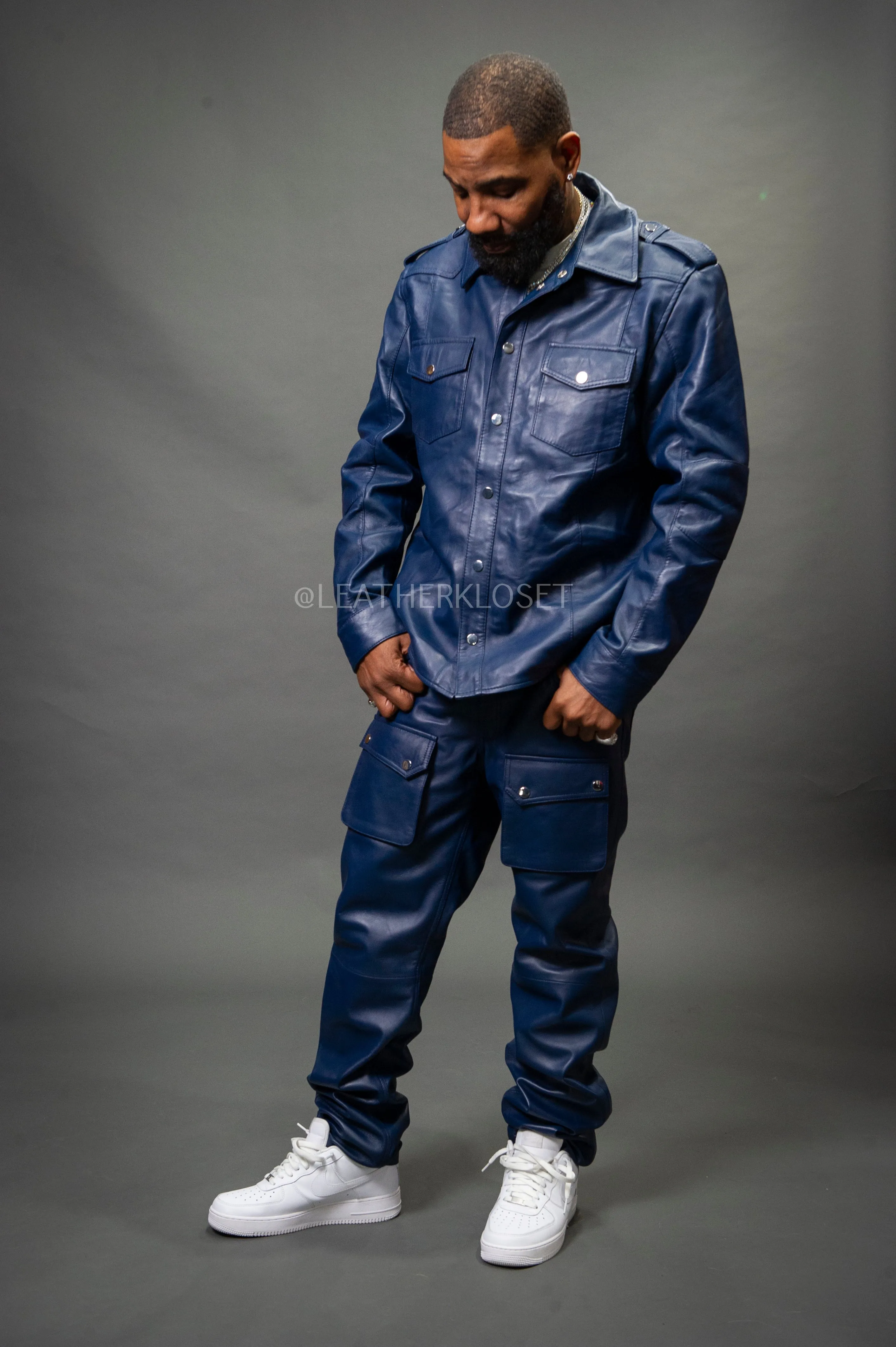 Men's James Leather Shirt And Cargo Pants Set [Navy]