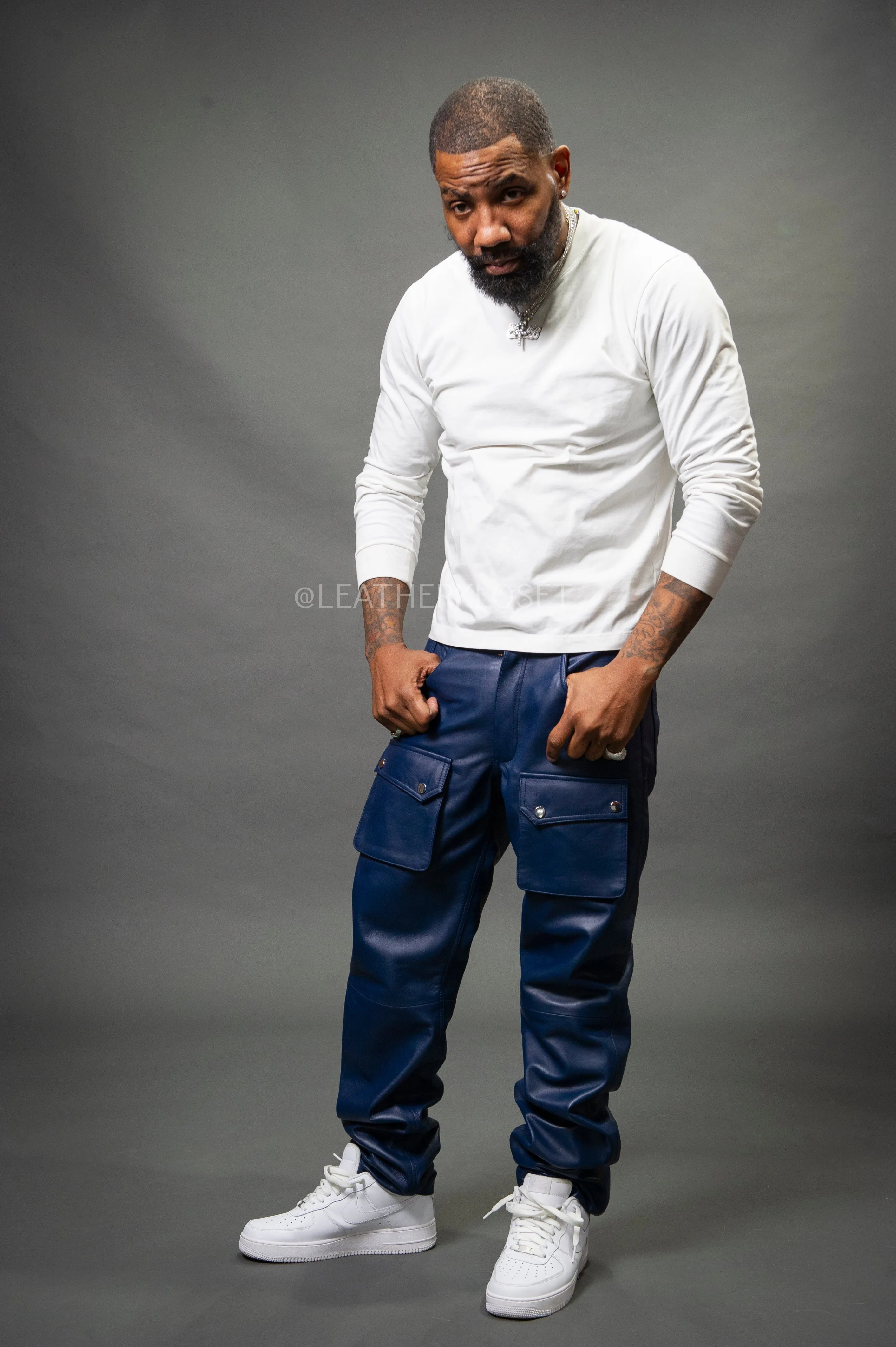 Men's Leather Cargo Jean Pants [Navy]