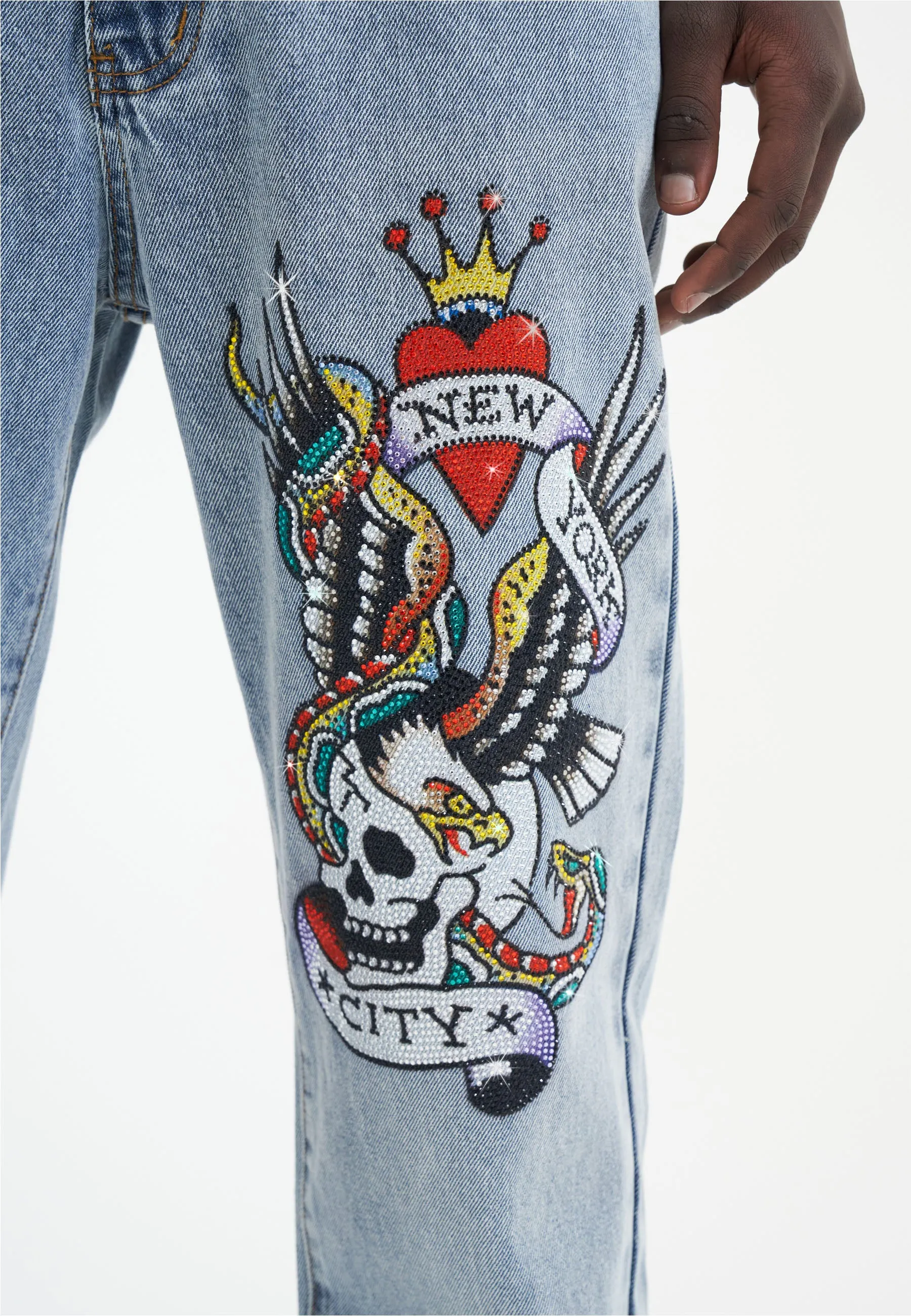 Mens Nyc-Skull Diamante Denim Trousers Jeans - Bleach