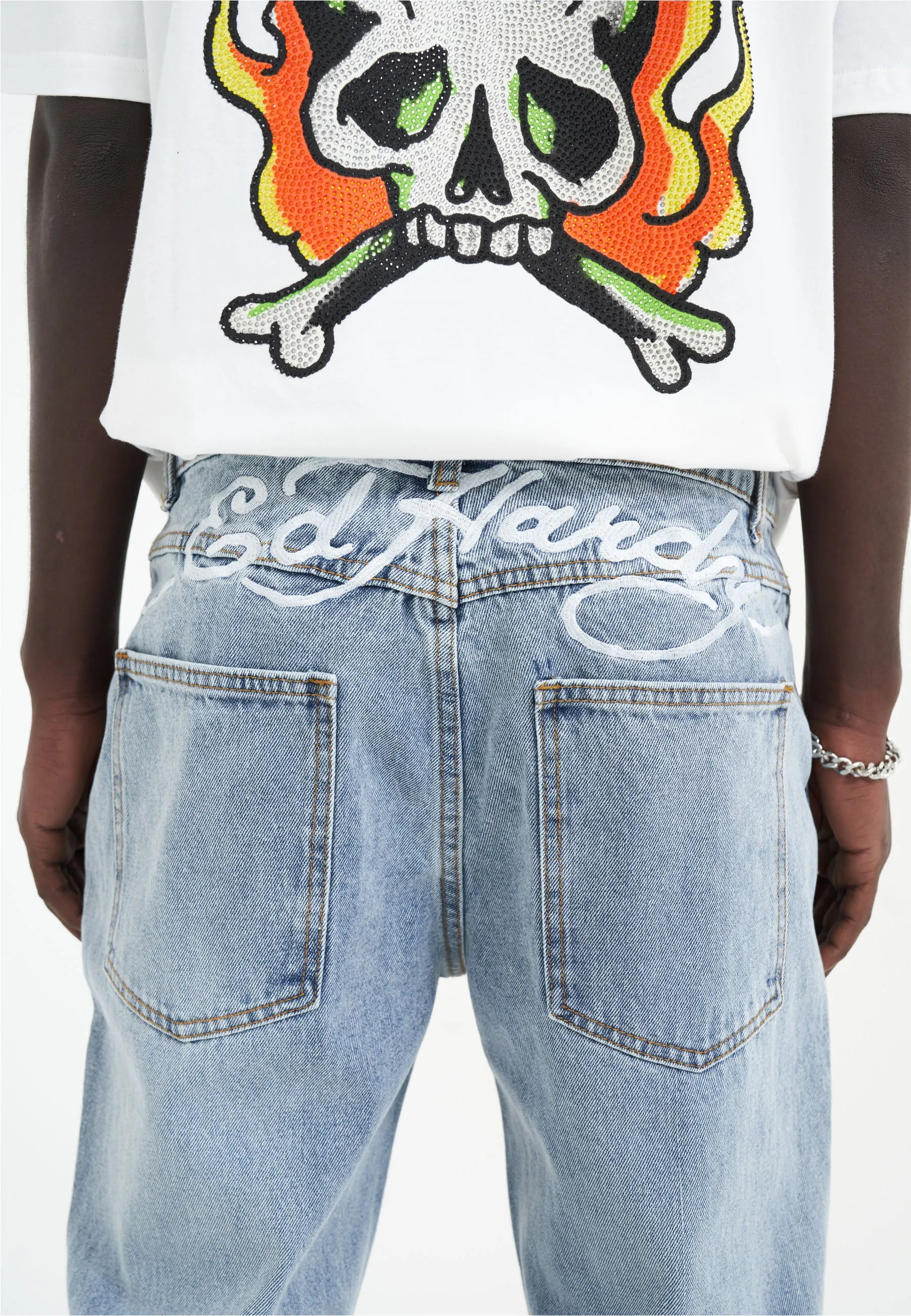 Mens Nyc-Skull Diamante Denim Trousers Jeans - Bleach