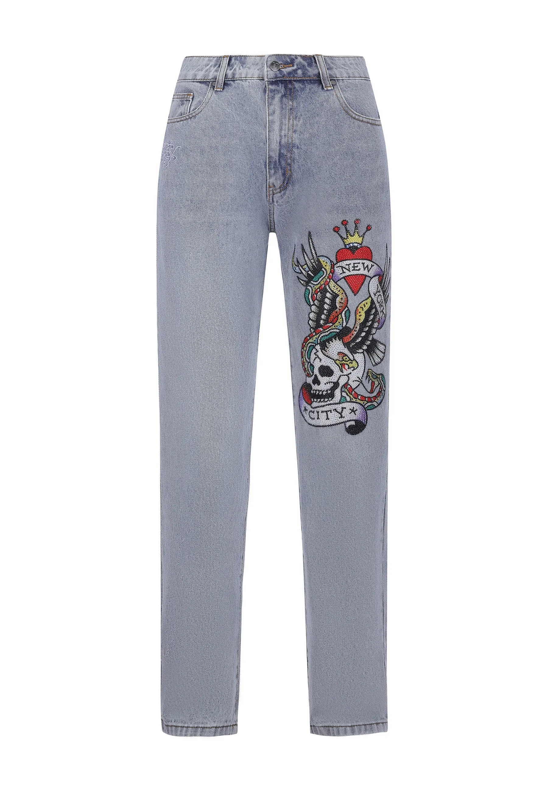 Mens Nyc-Skull Diamante Denim Trousers Jeans - Bleach