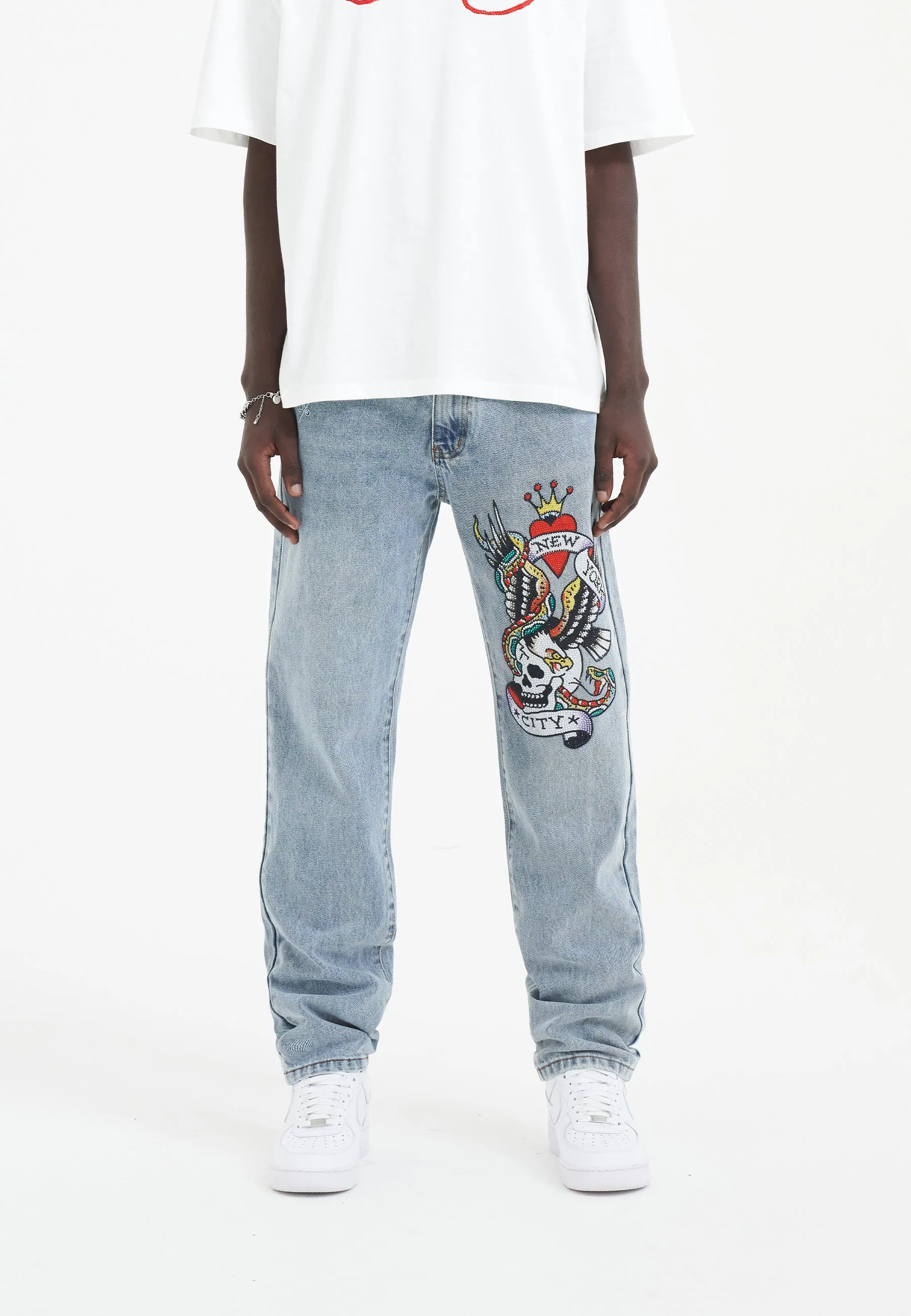 Mens Nyc-Skull Diamante Denim Trousers Jeans - Bleach