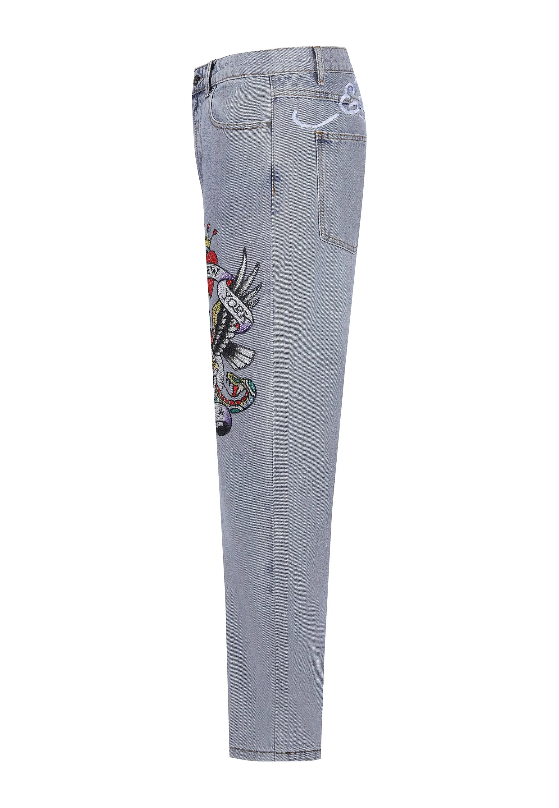 Mens Nyc-Skull Diamante Denim Trousers Jeans - Bleach