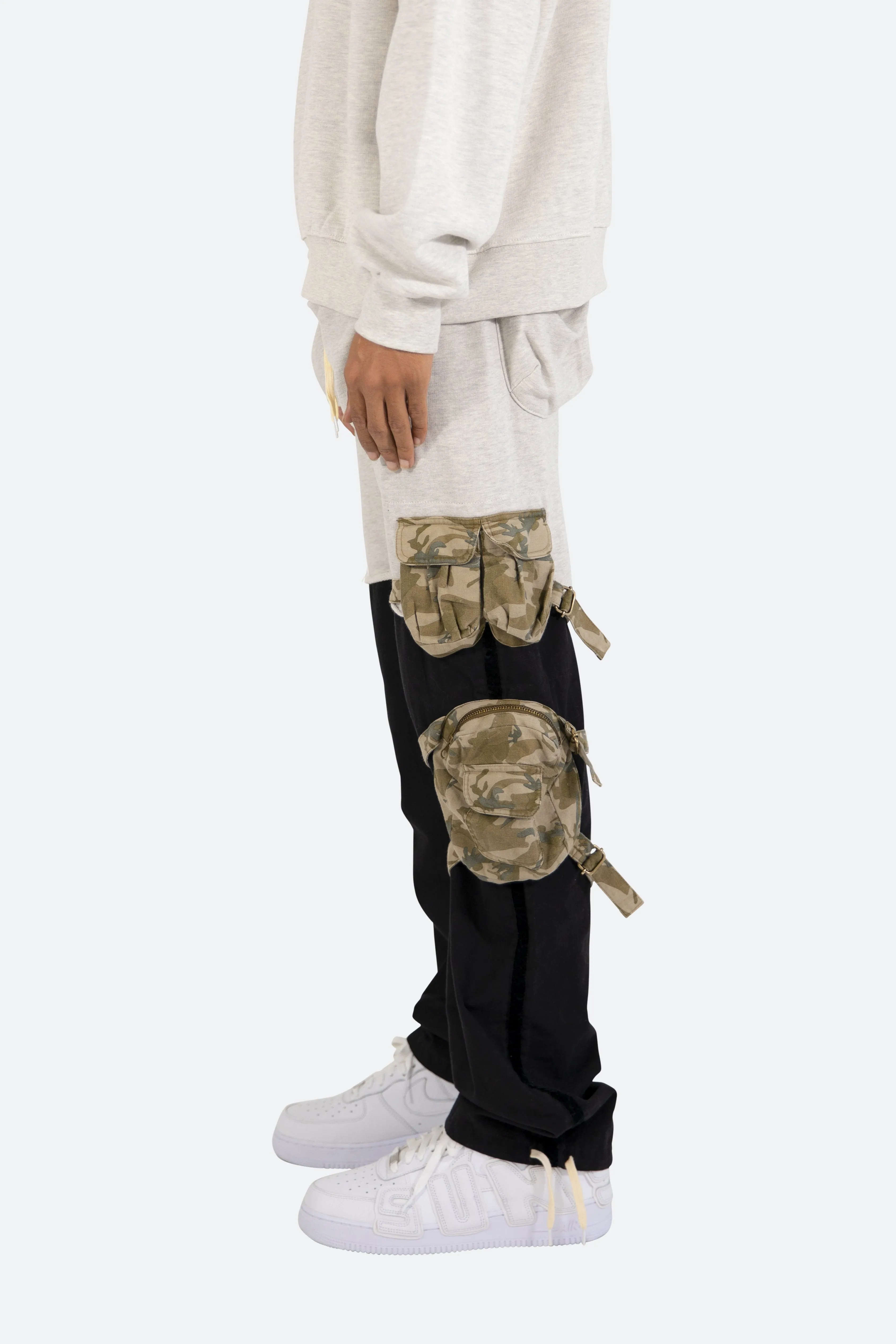 Mixed Material Cargo Pants - Black/Grey