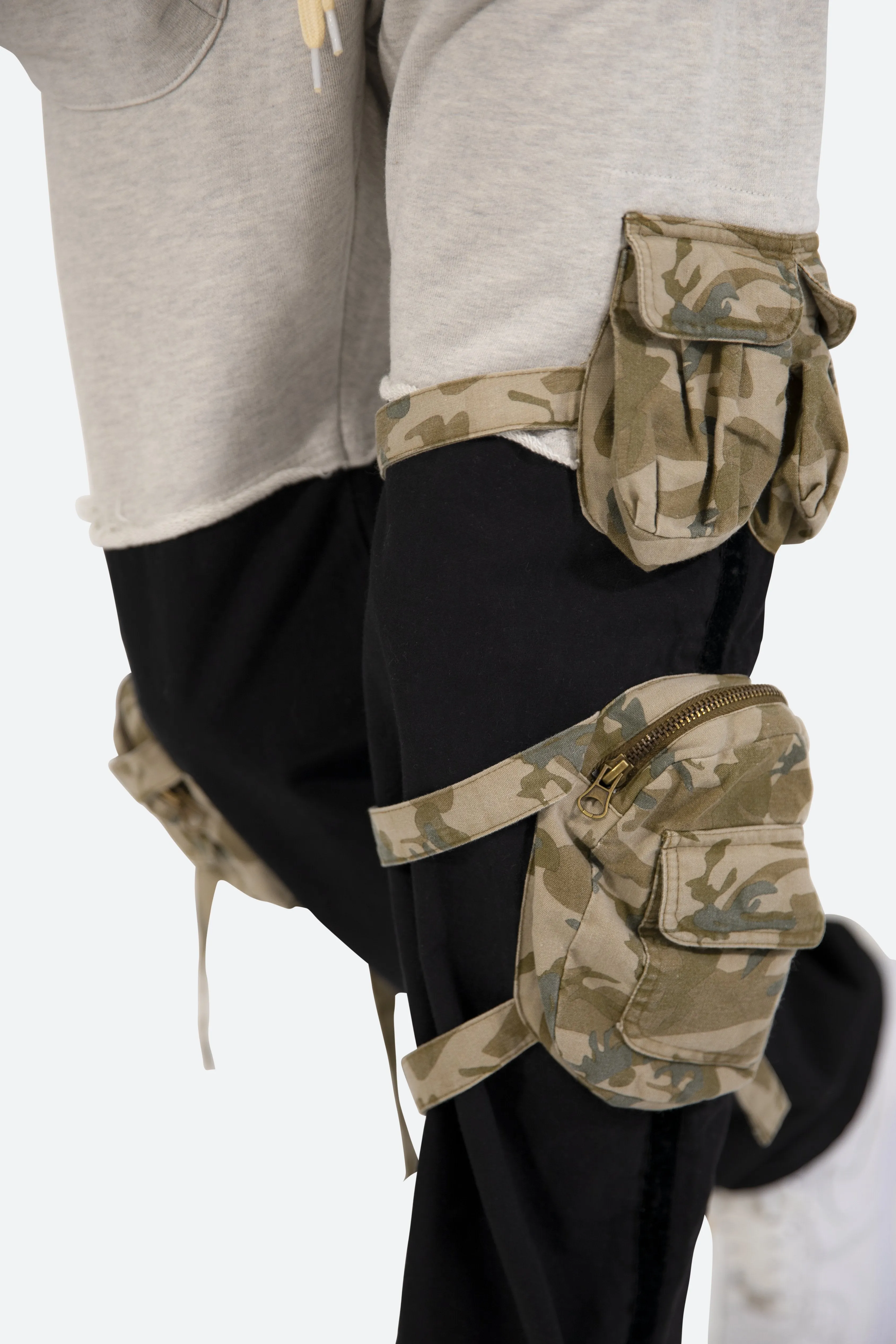 Mixed Material Cargo Pants - Black/Grey