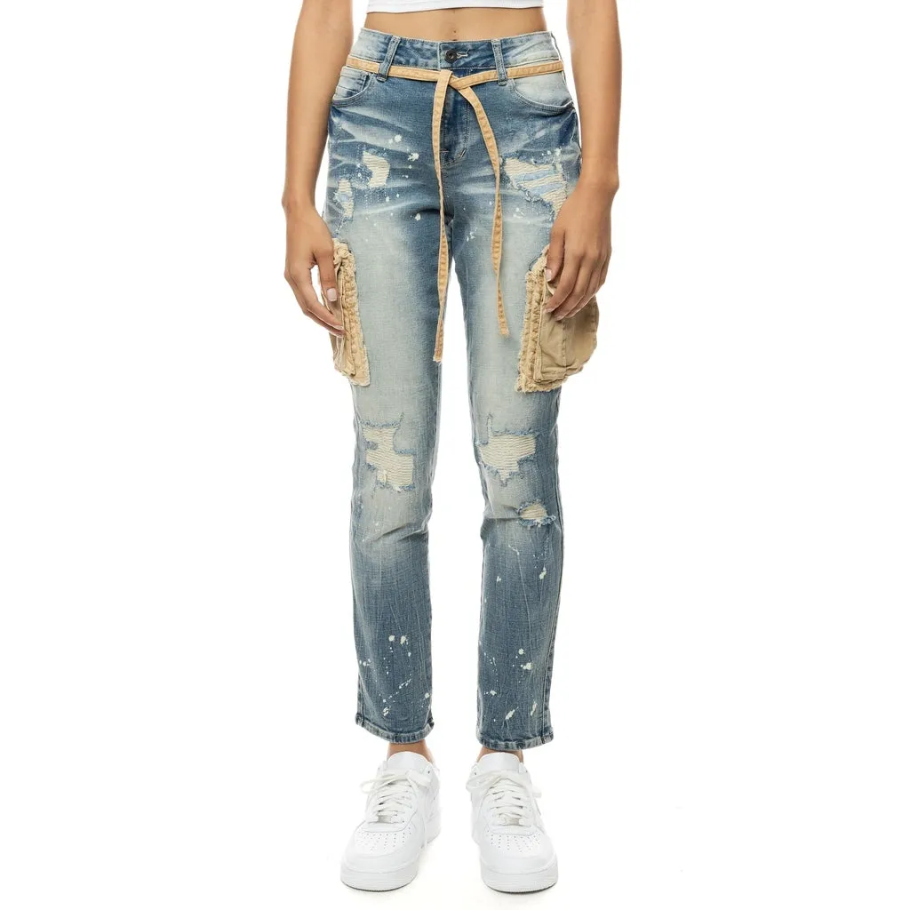 Mixed Media Cargo Fashion Denim Pants - Brighton Blue