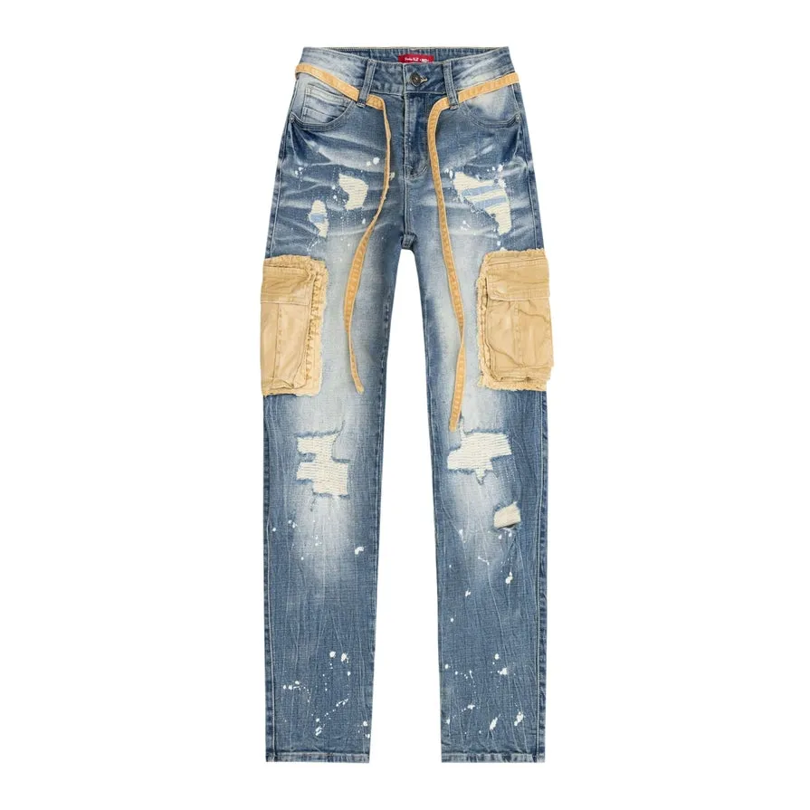 Mixed Media Cargo Fashion Denim Pants - Brighton Blue