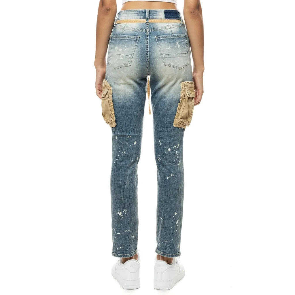 Mixed Media Cargo Fashion Denim Pants - Brighton Blue