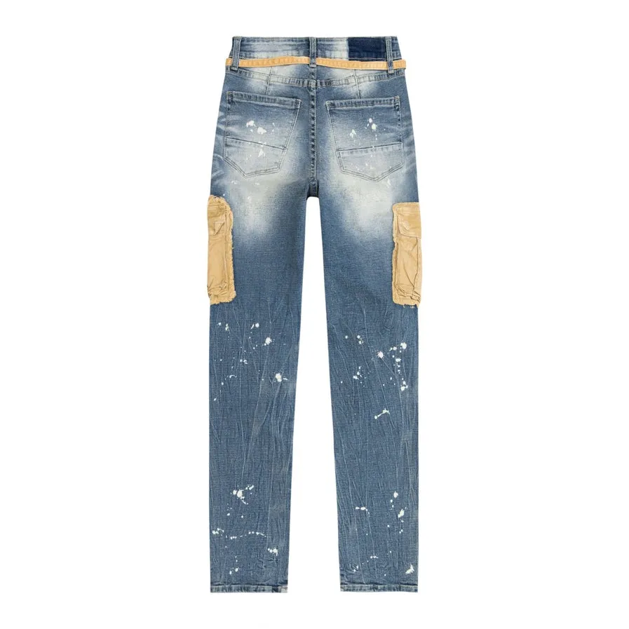 Mixed Media Cargo Fashion Denim Pants - Brighton Blue