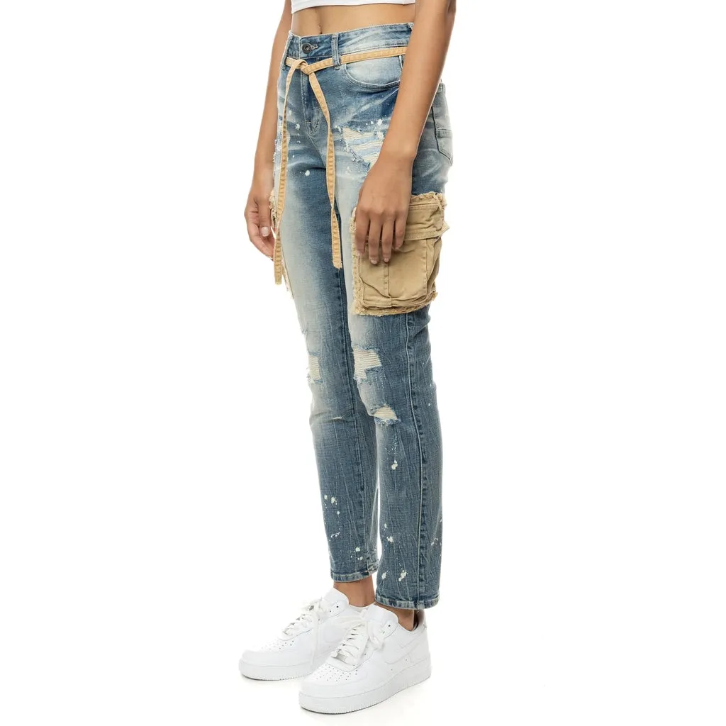 Mixed Media Cargo Fashion Denim Pants - Brighton Blue