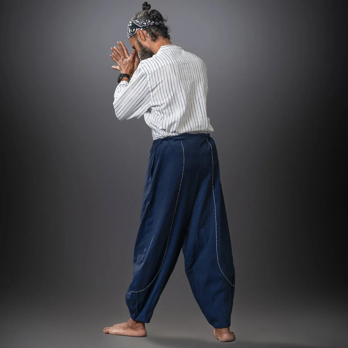 Navy-Blue Handwoven Cotton Stitch Detail Yoga Harem Pant | Athleisure Pant for Men