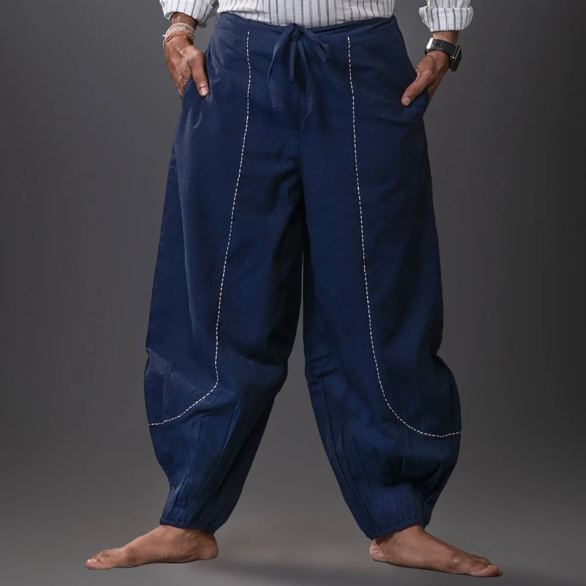 Navy-Blue Handwoven Cotton Stitch Detail Yoga Harem Pant | Athleisure Pant for Men