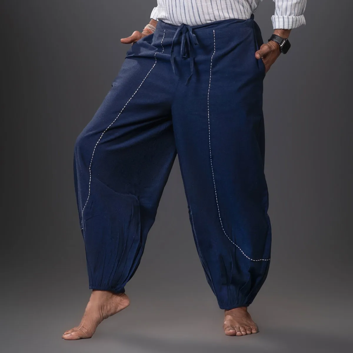 Navy-Blue Handwoven Cotton Stitch Detail Yoga Harem Pant | Athleisure Pant for Men