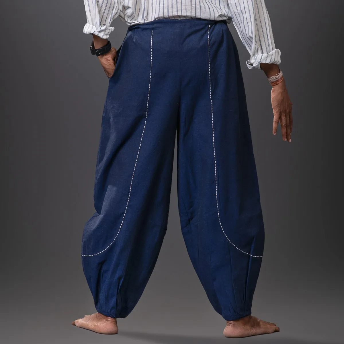 Navy-Blue Handwoven Cotton Stitch Detail Yoga Harem Pant | Athleisure Pant for Men