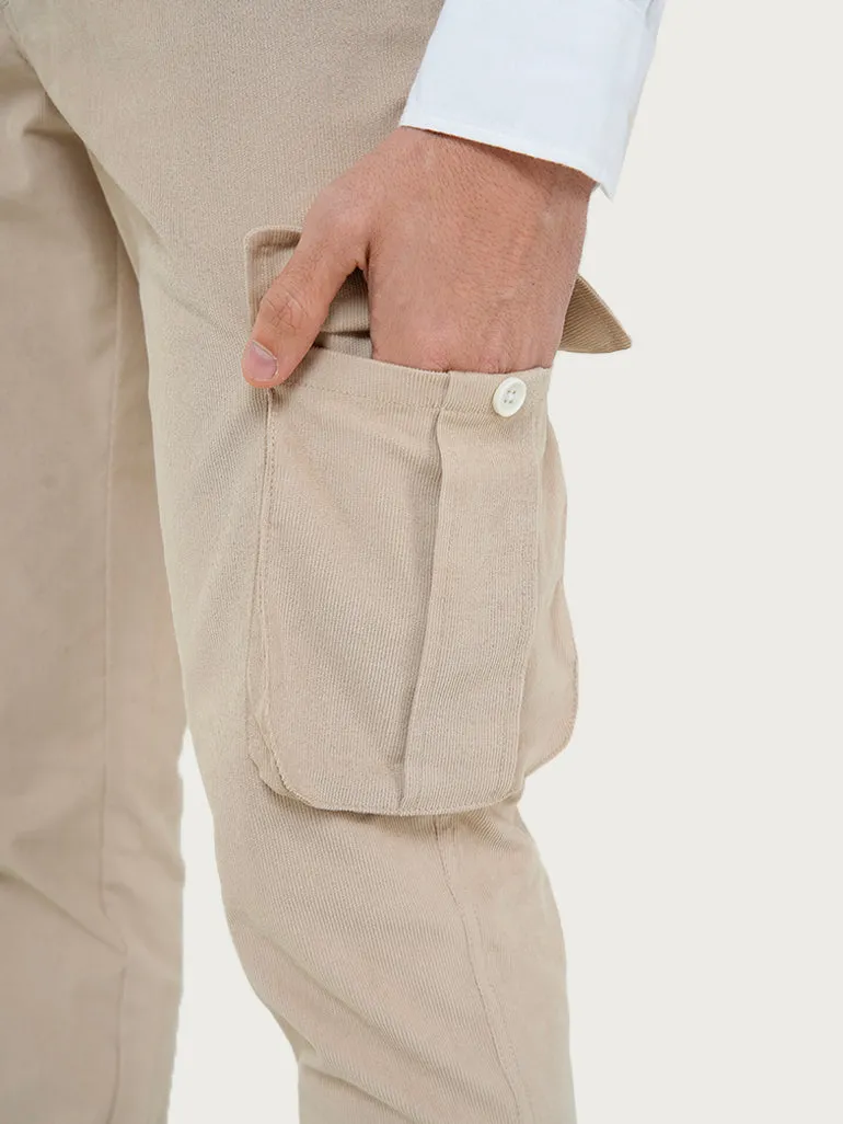 Sandy Beige Corduroy Stretch Cargo Pants (Ali Fazal x Elle)