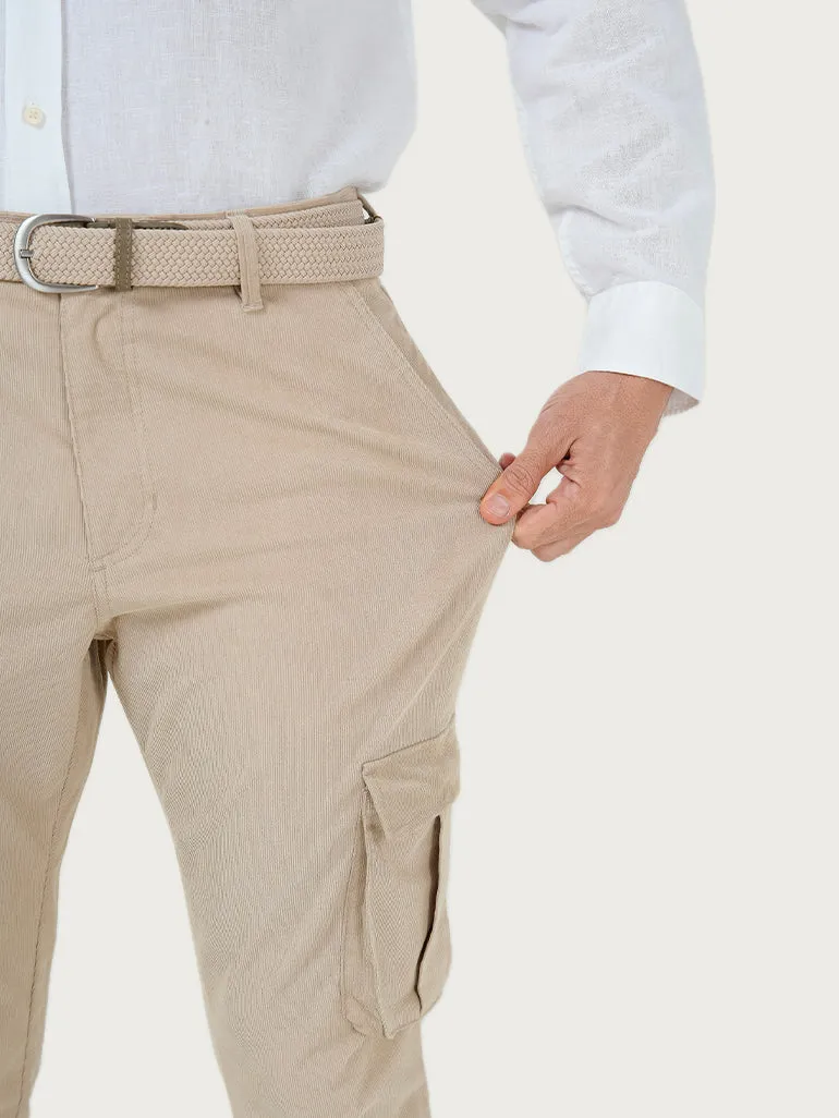 Sandy Beige Corduroy Stretch Cargo Pants (Ali Fazal x Elle)