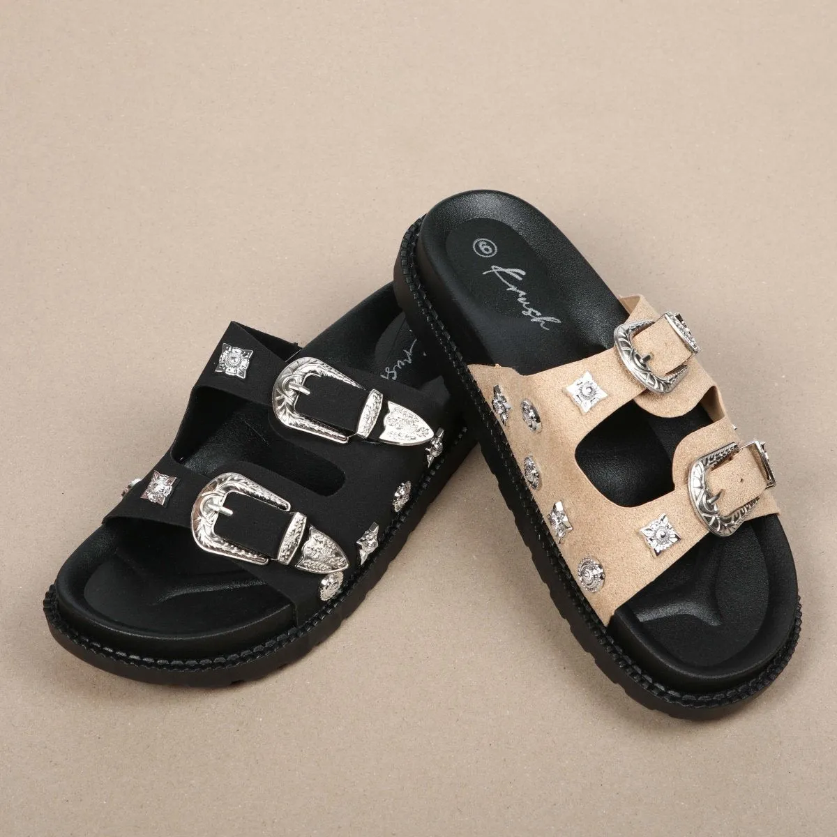 Taupe Western Double Strap Sliders