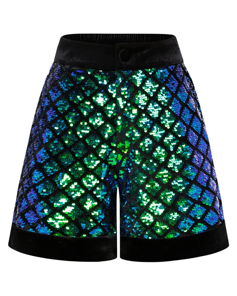 Vintage Sequined Shorts Contrast Fabric Elastic Waist Shorts