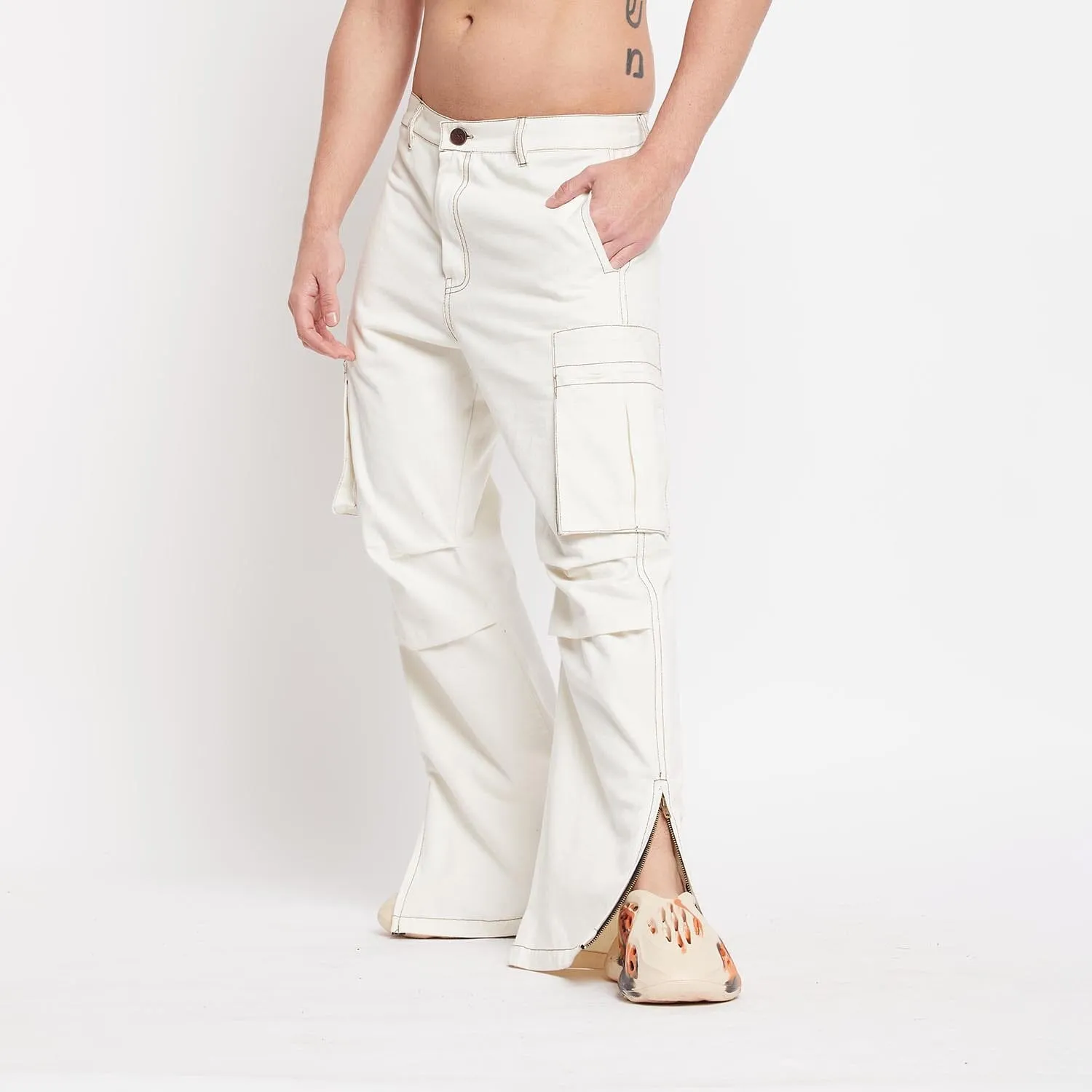 White Twill Flared Cargo Pants