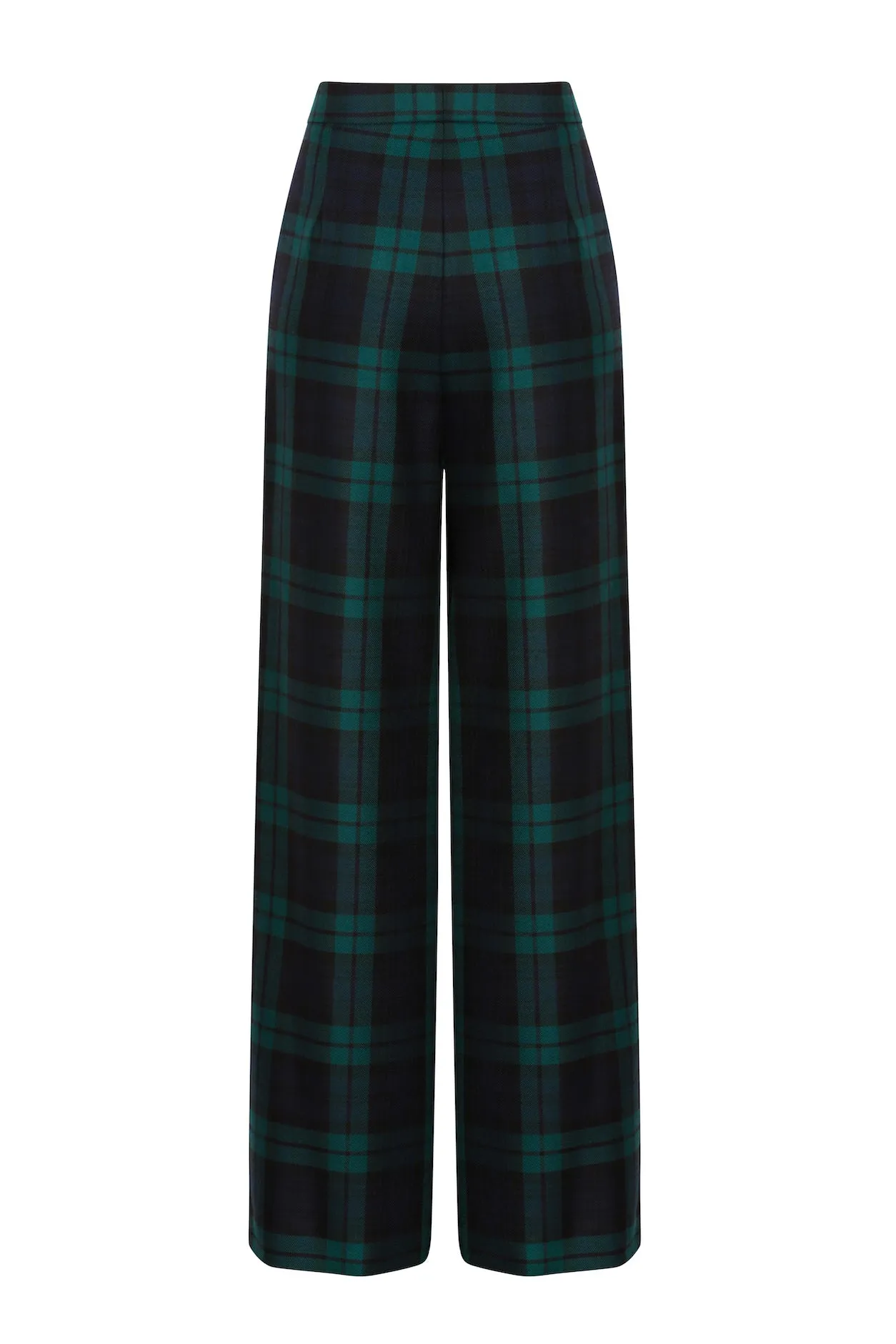 Wide Leg Trousers in Black Watch Worsted Tartan - Portia